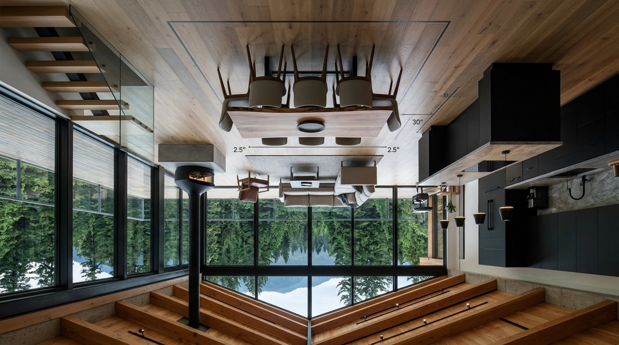 Modern mountain home design featuring an upside-down floor plan with a Great Room offering panoramic forest views and high-vaulted ceilings.