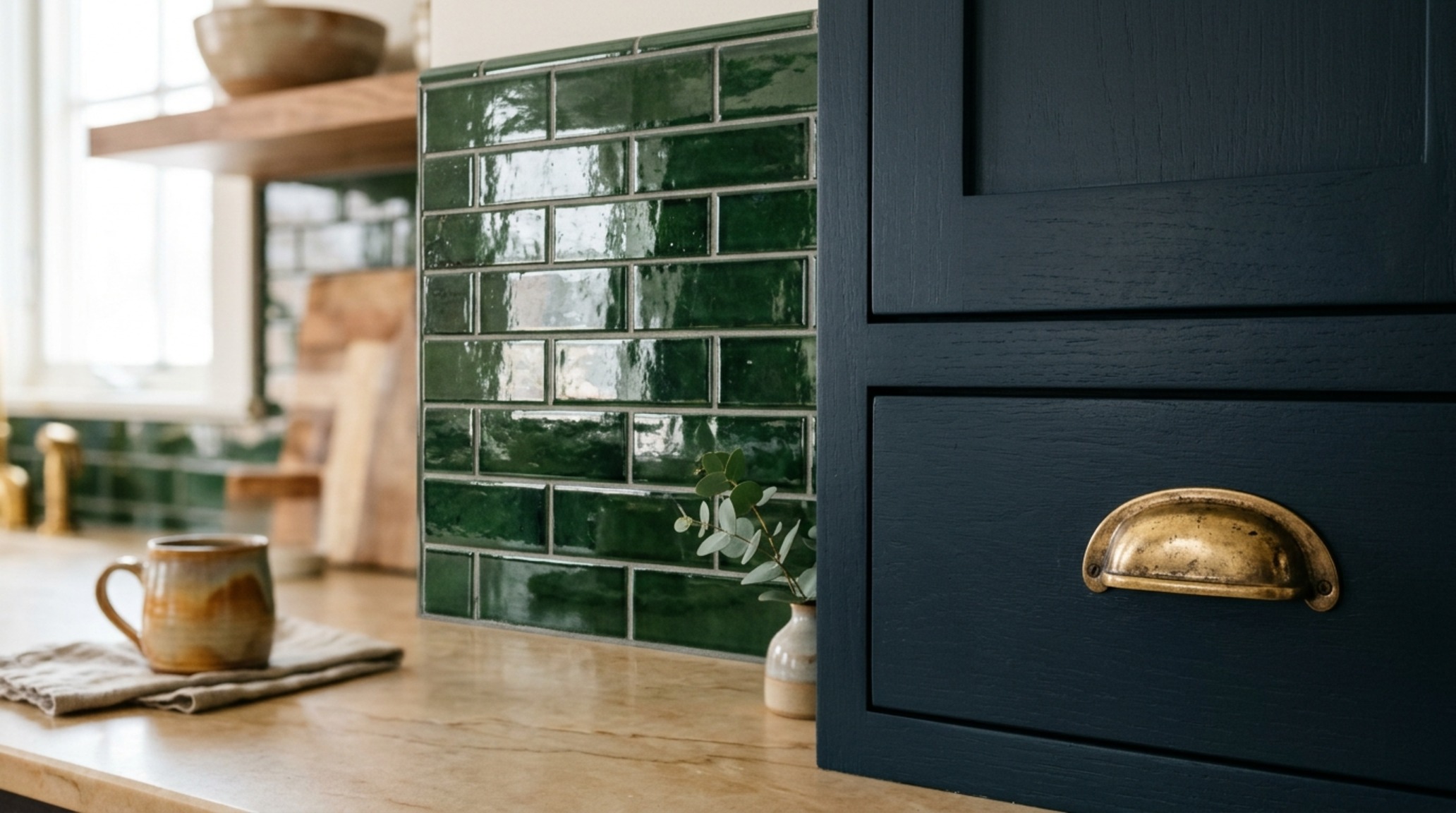 Contemporary farmhouse interior trends highlighted by forest green glass subway tiles and unlacquered brass shelving in a saturated kitchen.