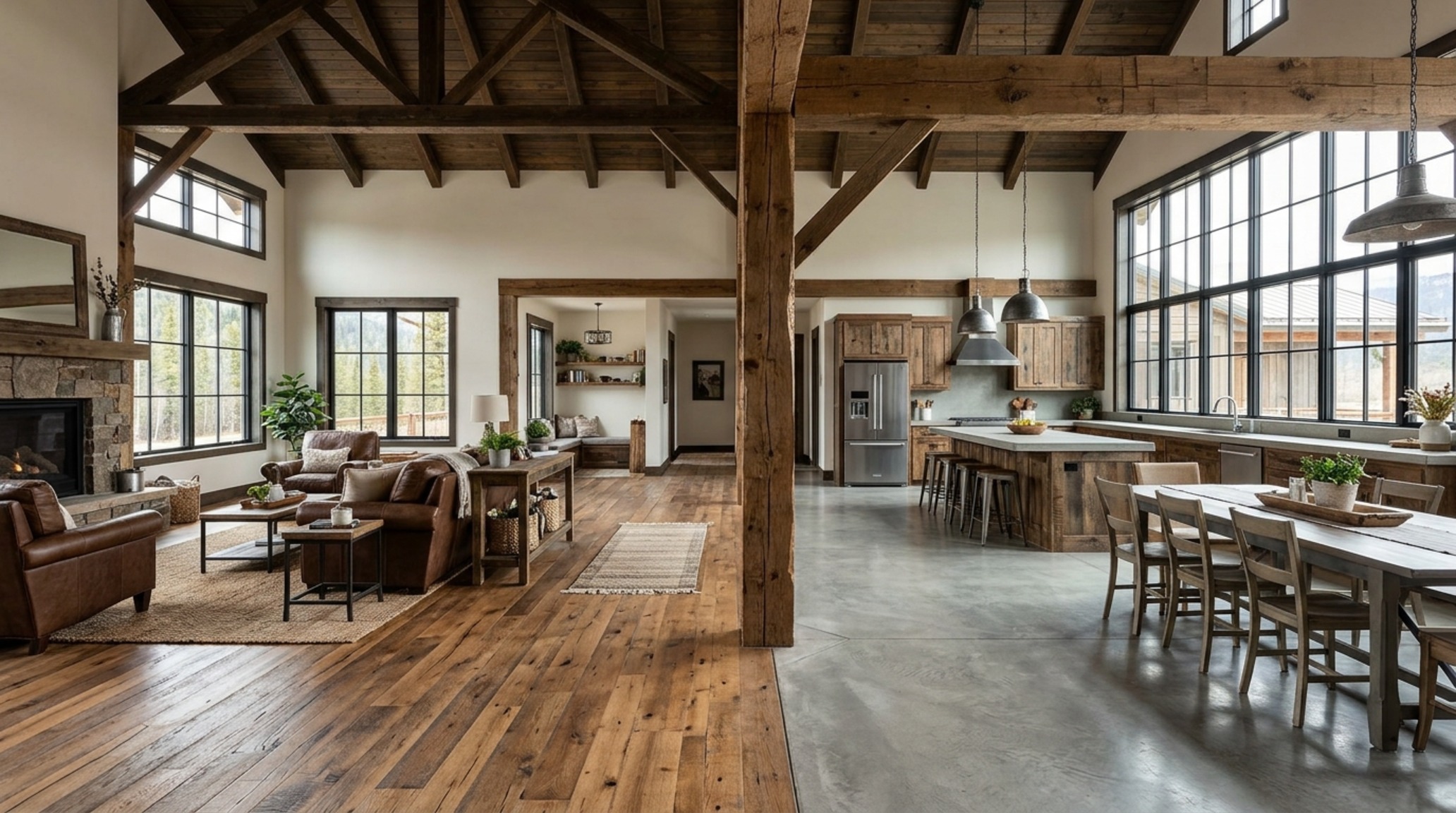 Rustic open concept floor plans utilizing wide-plank white oak flooring and a seamless transition to a polished concrete kitchen zone.