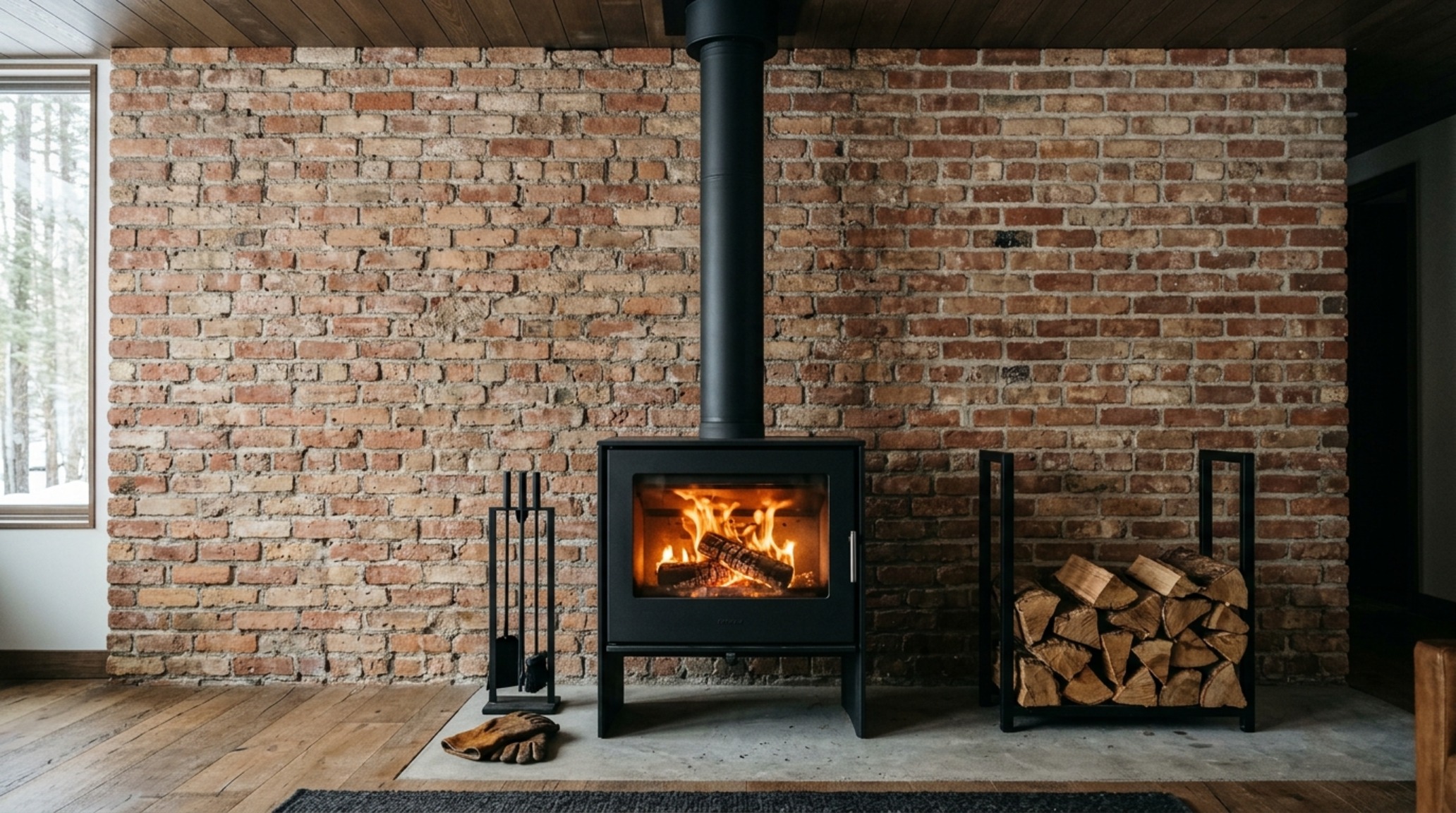 Luxury cabin architectural details including a floor-to-ceiling fireplace made of reclaimed Chicago brick and a minimalist floating hearth.