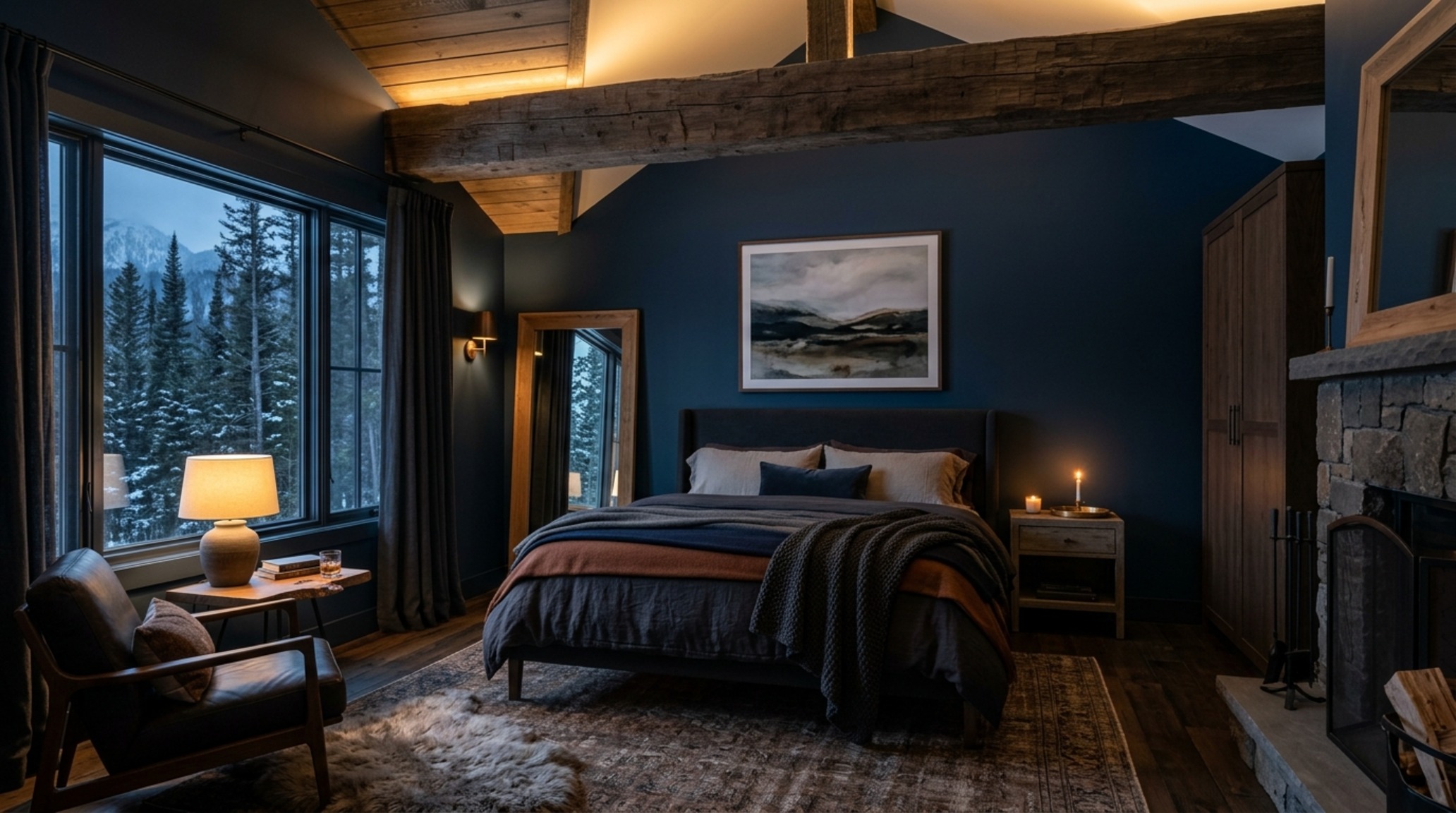 Modern mountain home design bedroom with midnight blue walls and soft 2700K ambient lighting reflecting off velvet textiles.