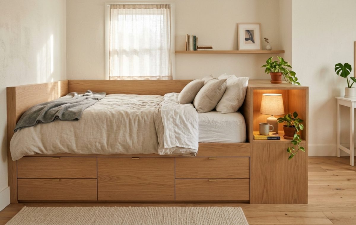 teen girl room storage solutions featuring a custom-integrated storage bed with rift-sawn oak drawers and push-to-open hardware in a compact layout.
