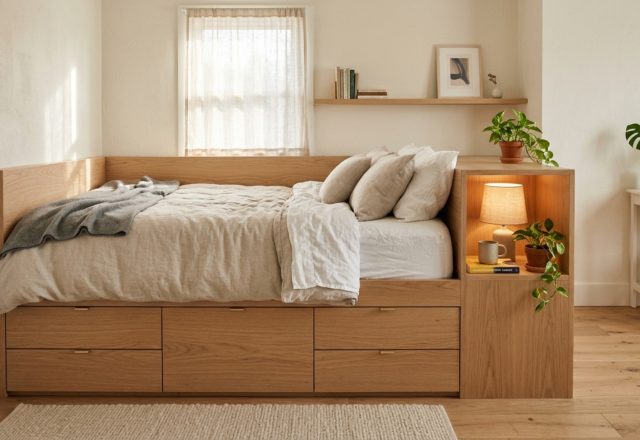 teen girl room storage solutions featuring a custom-integrated storage bed with rift-sawn oak drawers and push-to-open hardware in a compact layout.