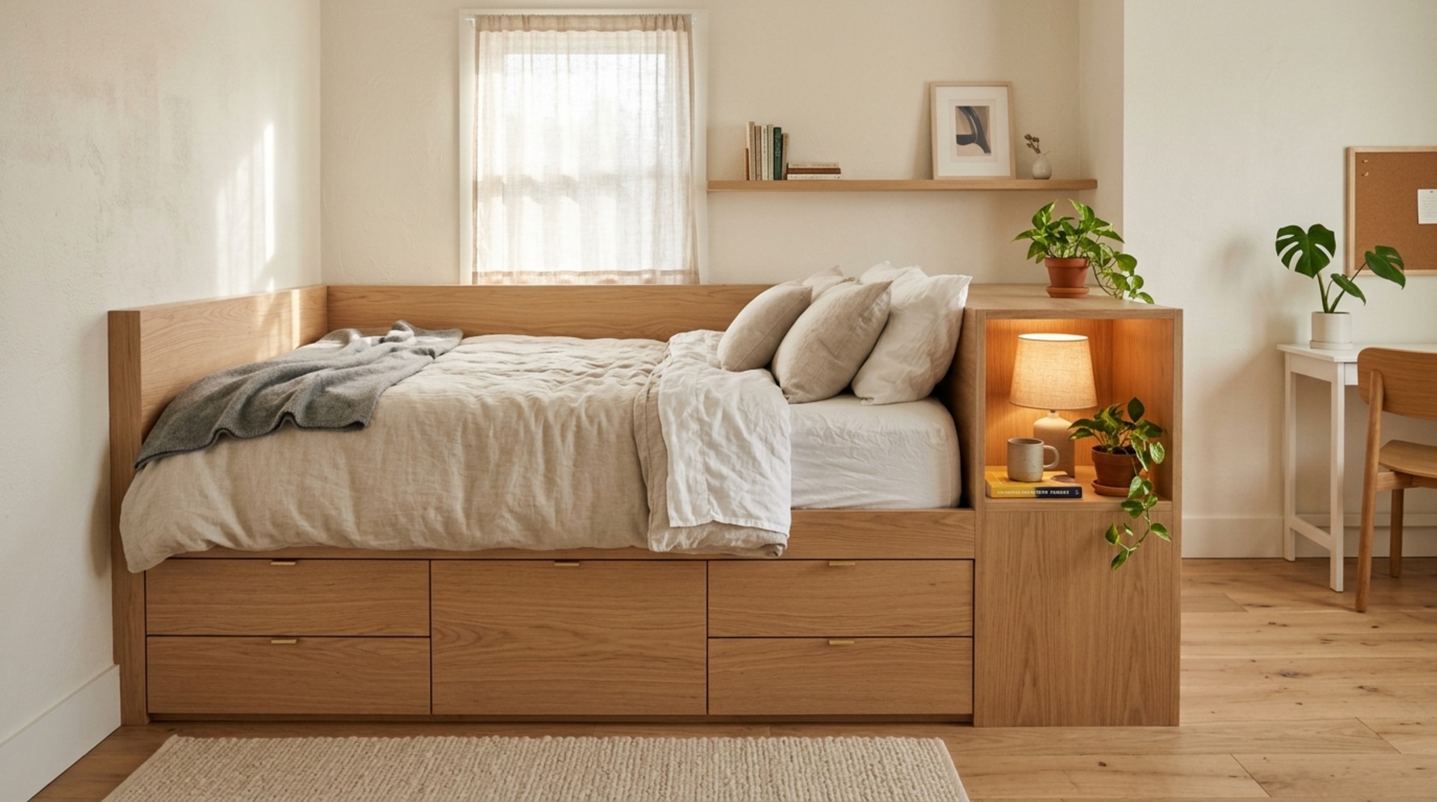 teen girl room storage solutions featuring a custom-integrated storage bed with rift-sawn oak drawers and push-to-open hardware in a compact layout. teen girl room storage solutions featuring a custom-integrated storage bed with rift-sawn oak drawers and push-to-open hardware in a compact layout.