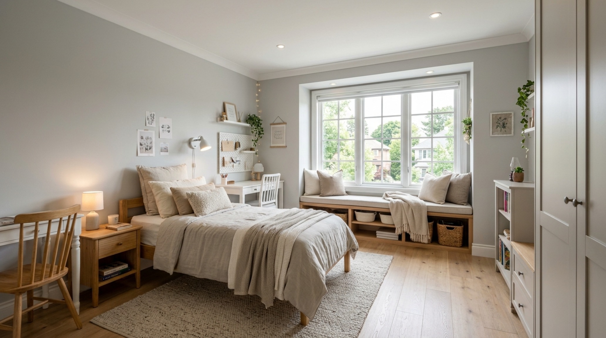 small bedroom layout for teenage girls demonstrating a 36-inch primary walkway and a built-in window seat to maximize the floor plane and natural light. small bedroom layout for teenage girls demonstrating a 36-inch primary walkway and a built-in window seat to maximize the floor plane and natural light.