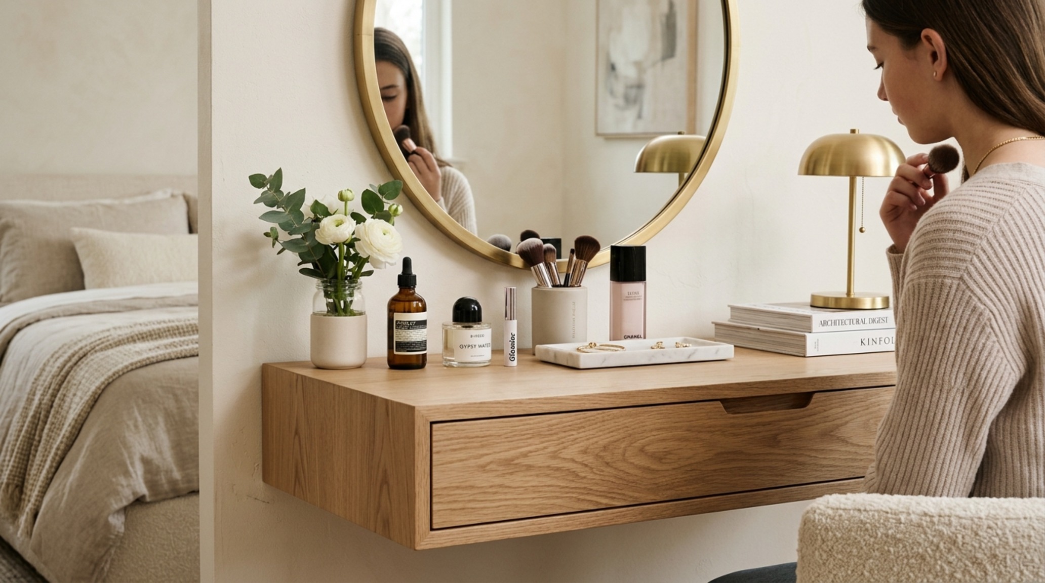 modern teen girl bedroom furniture including a floating white oak vanity and an ergonomic task chair with sleek silhouettes and brass accents. modern teen girl bedroom furniture including a floating white oak vanity and an ergonomic task chair with sleek silhouettes and brass accents.
