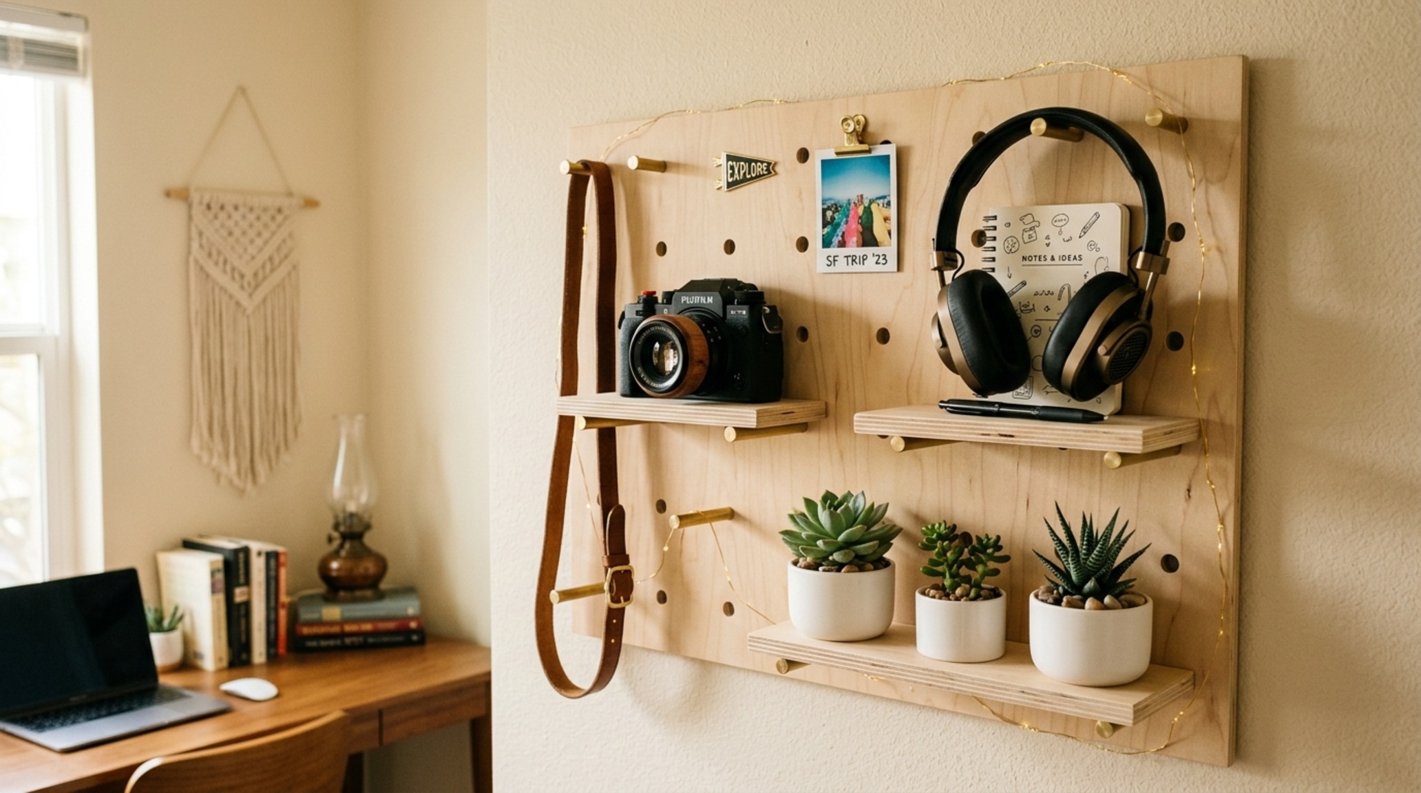aesthetic room decor for teens showcasing a curated birch plywood pegboard organizer with brass hooks and minimalist art prints. aesthetic room decor for teens showcasing a curated birch plywood pegboard organizer with brass hooks and minimalist art prints.