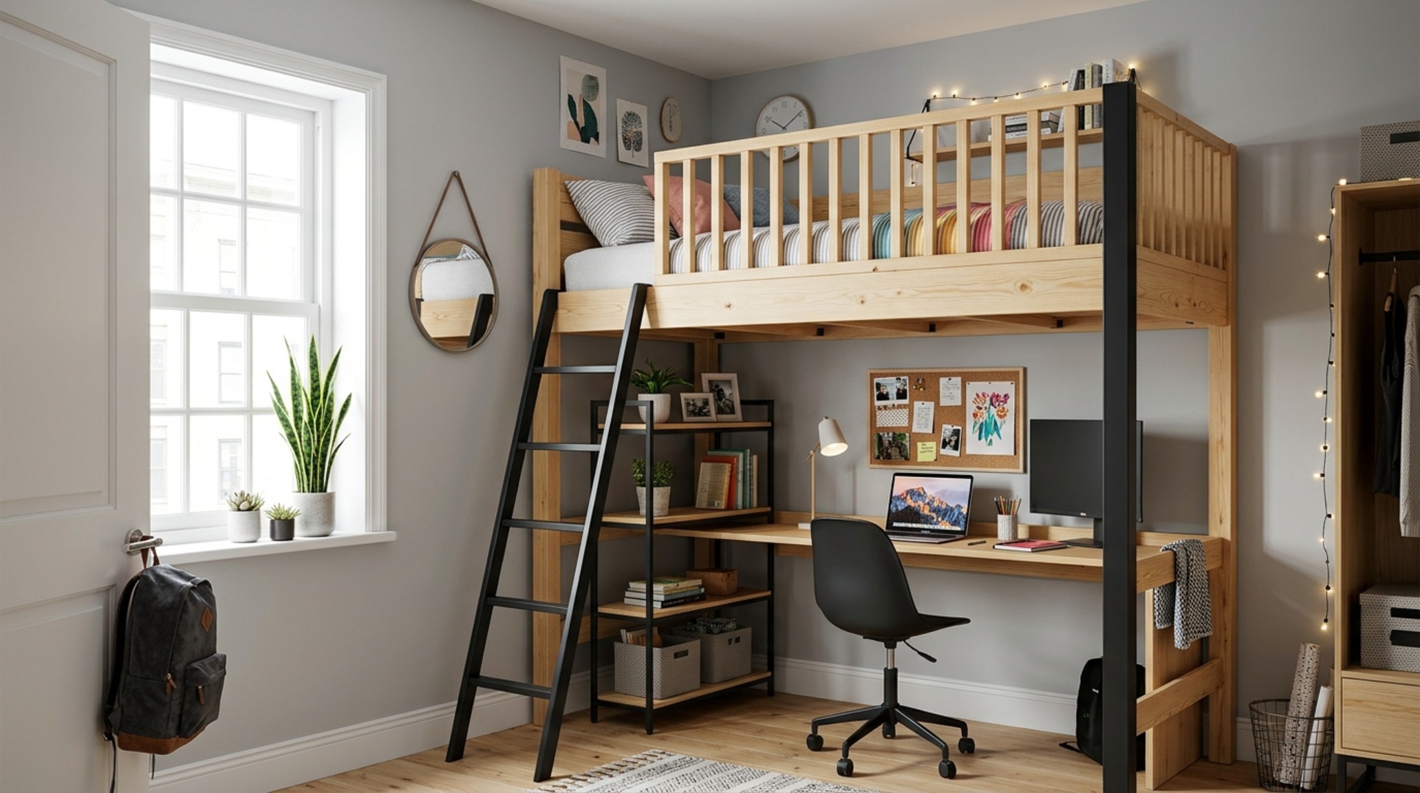 small bedroom layout for teenage girls utilizing a lofted architectural platform to separate sleep and study zones in a high-ceiling urban apartment. small bedroom layout for teenage girls utilizing a lofted architectural platform to separate sleep and study zones in a high-ceiling urban apartment.