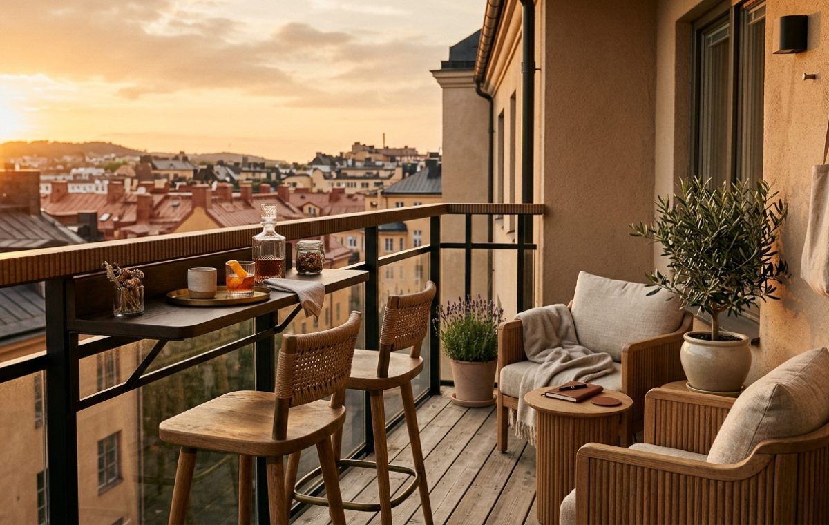 A high-angle architectural shot of a transformer balcony featuring a railing-mounted bar and compact seating, illustrating small apartment balcony ideas for spring.