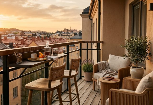 A high-angle architectural shot of a transformer balcony featuring a railing-mounted bar and compact seating, illustrating small apartment balcony ideas for spring.
