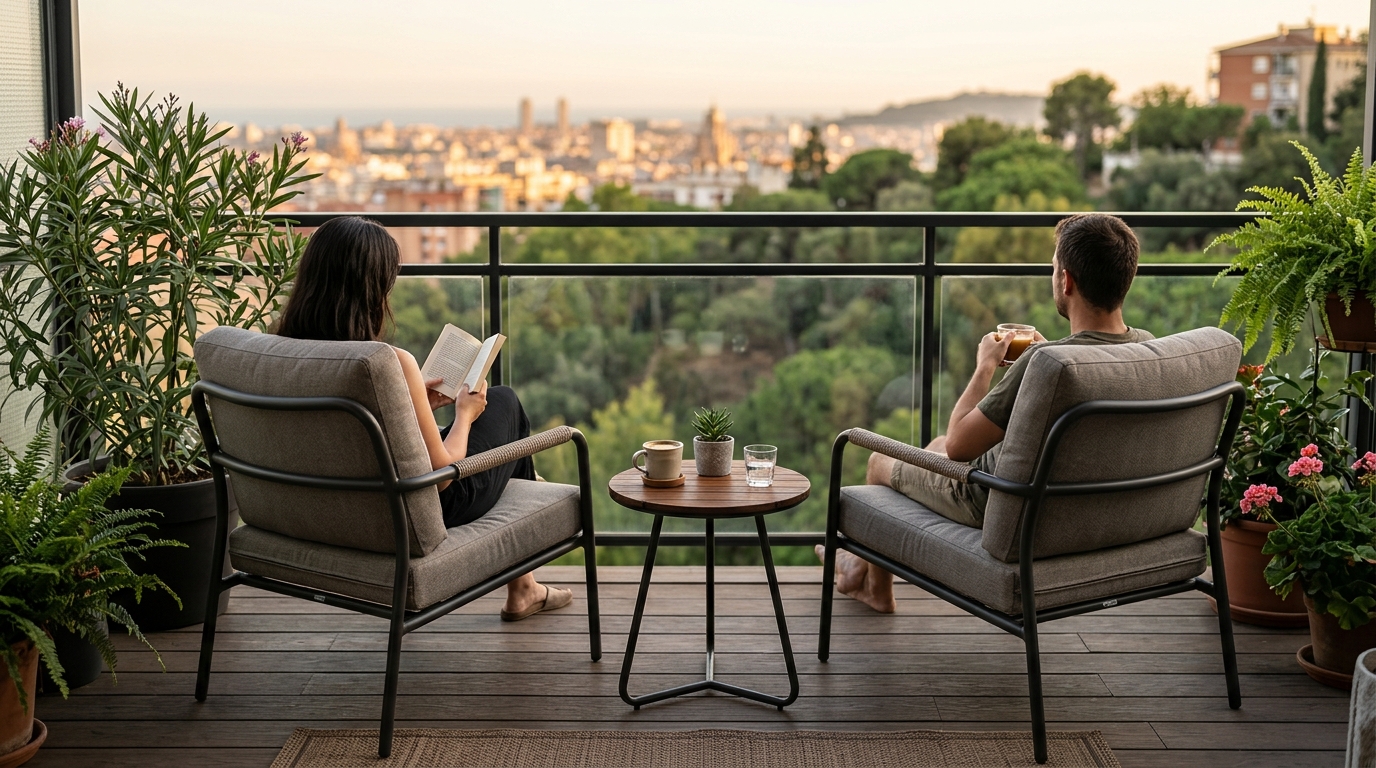 Scandi-style compact balcony furniture with slim black steel frames and high-CRI linen cushions.