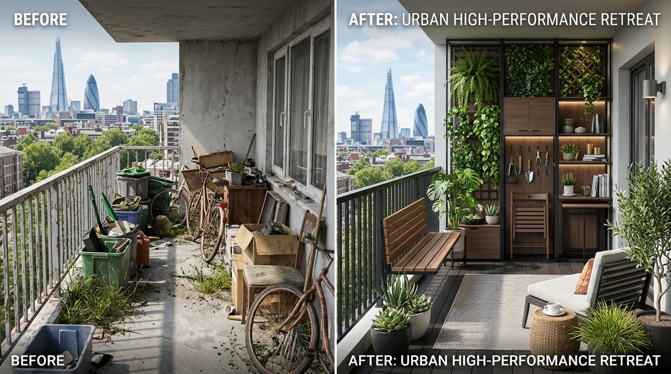 Urban balcony transformation featuring a glass-enclosed railing to maintain uninterrupted city sightlines.