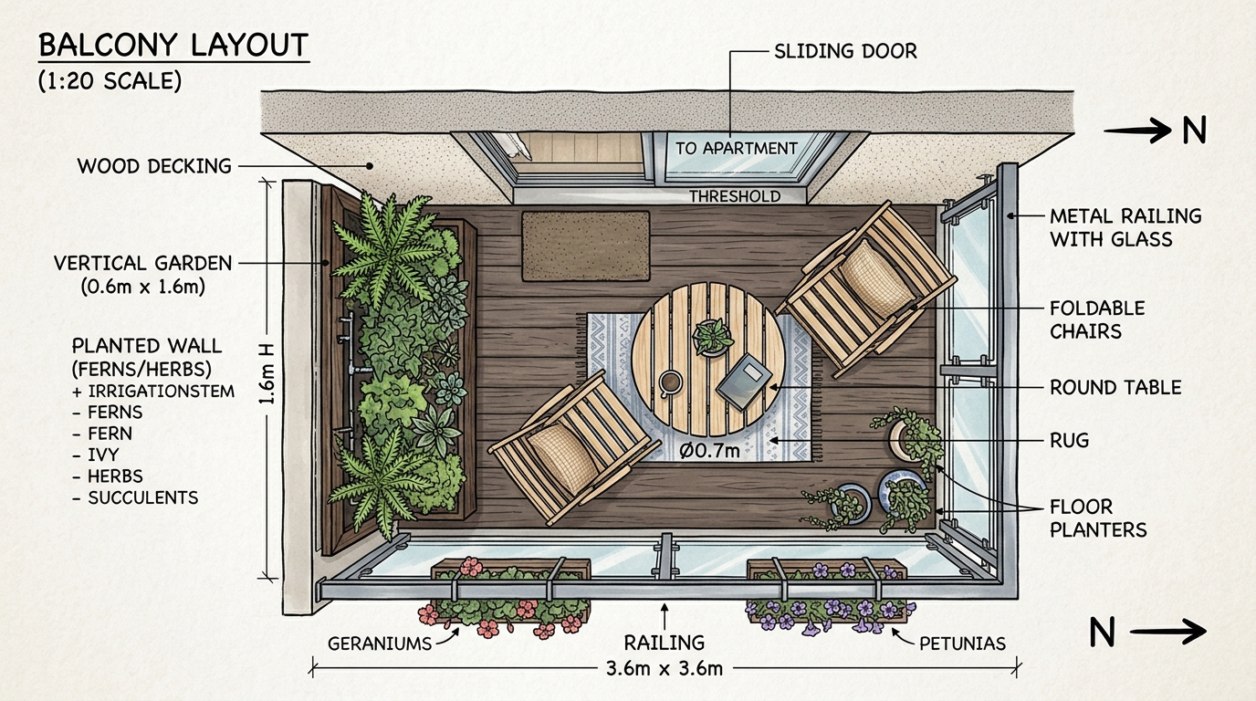 Architectural continuity between a white-oak interior floor and a matching wood-composite balcony deck.