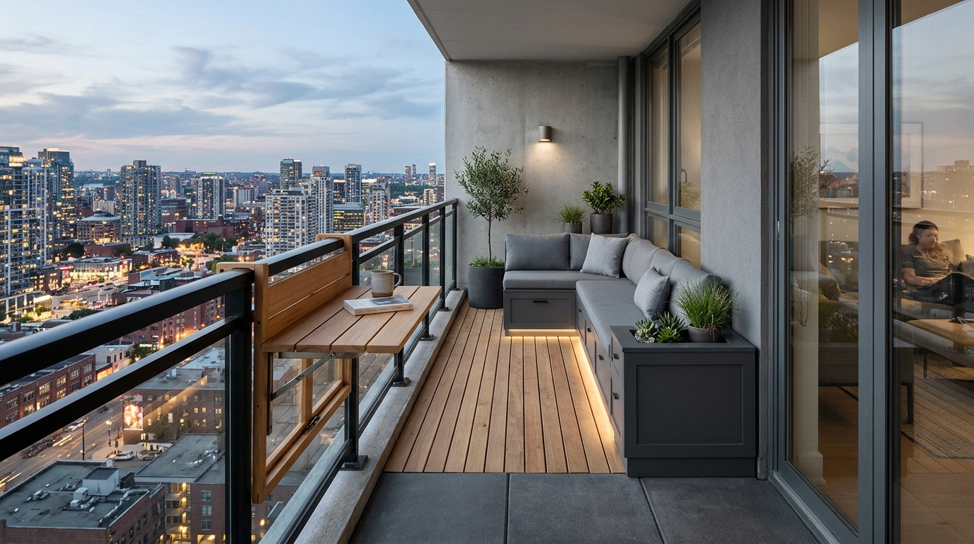 Detailed layout of an urban outdoor living space showing the 30-inch walkway clearance and built-in storage banquette.