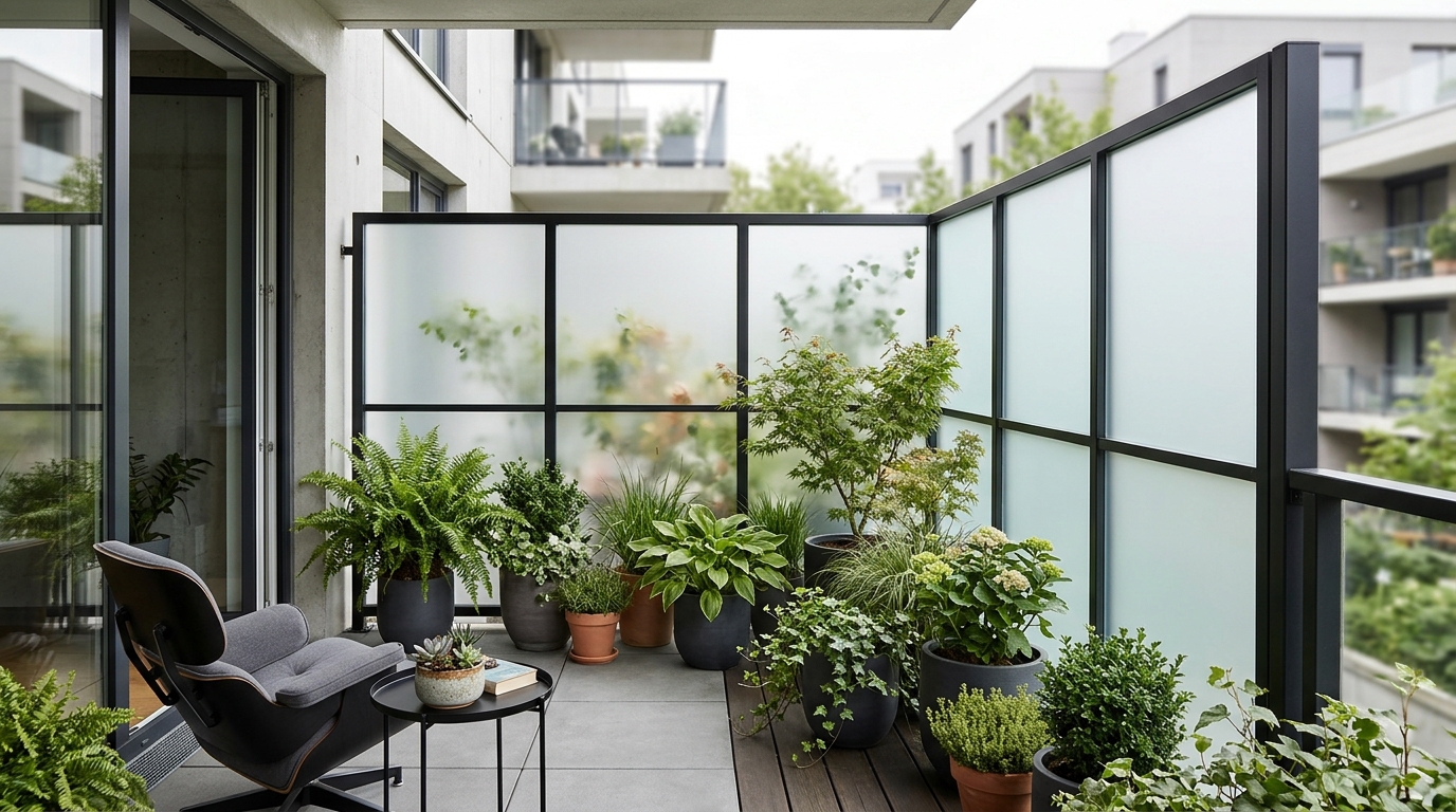 Modern outdoor living space with a neutral color palette of charcoal, oatmeal, and terracotta.