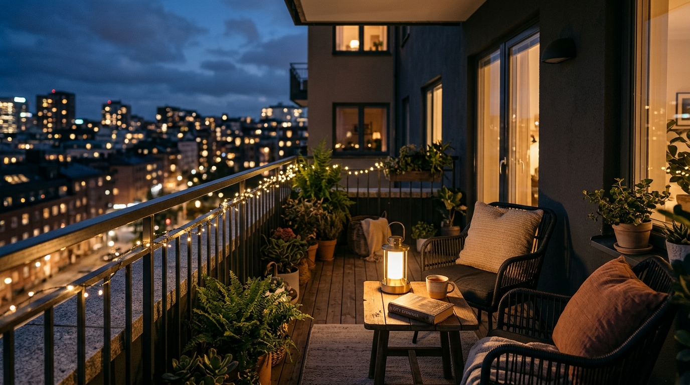 Atmospheric evening shot of a balcony featuring 2700K warm lighting and cozy outdoor balcony string lights.