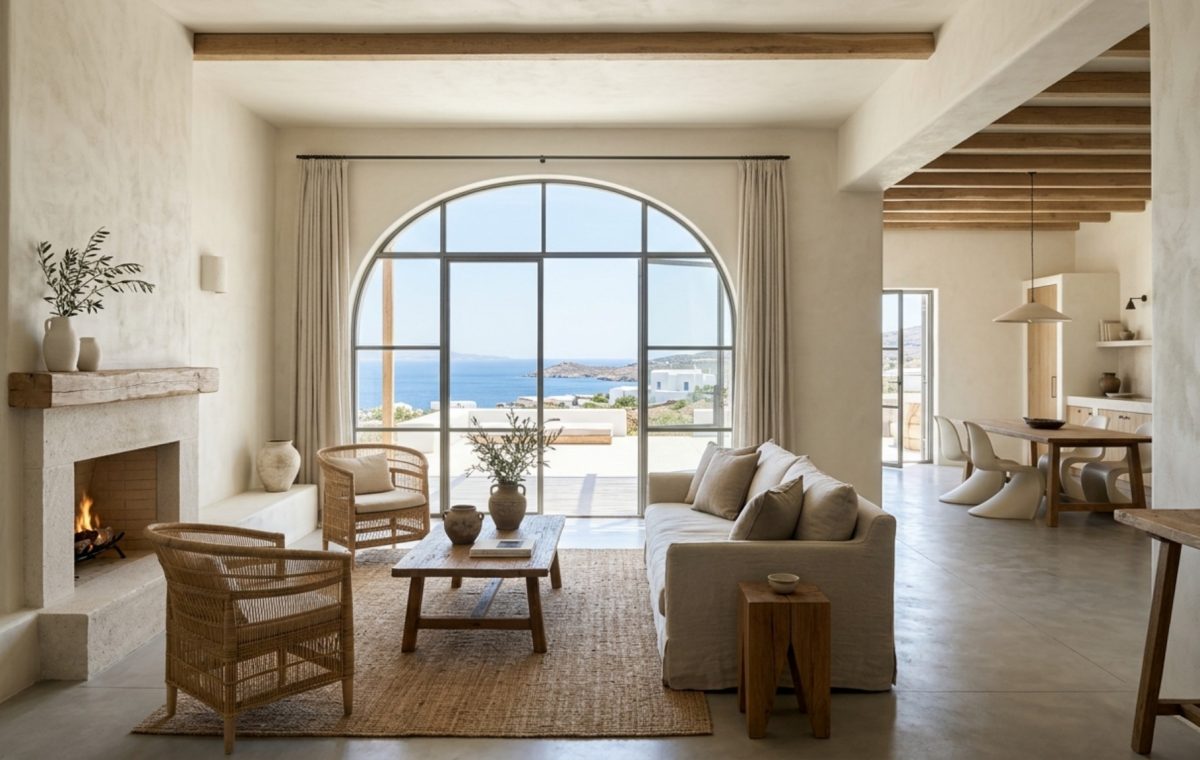 modern modern day greek architecture ideas featuring an open-plan living room with 36-inch circulation paths, lime wash walls in Benjamin Moore Swiss Coffee, and a minimalist stone fireplace.