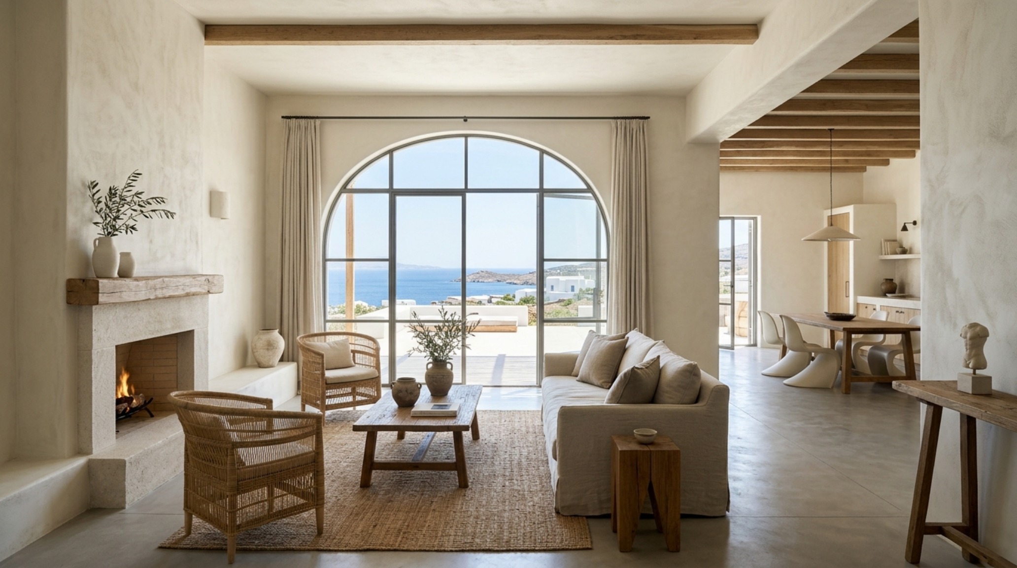modern modern day greek architecture ideas featuring an open-plan living room with 36-inch circulation paths, lime wash walls in Benjamin Moore Swiss Coffee, and a minimalist stone fireplace. modern modern day greek architecture ideas featuring an open-plan living room with 36-inch circulation paths, lime wash walls in Benjamin Moore Swiss Coffee, and a minimalist stone fireplace.
