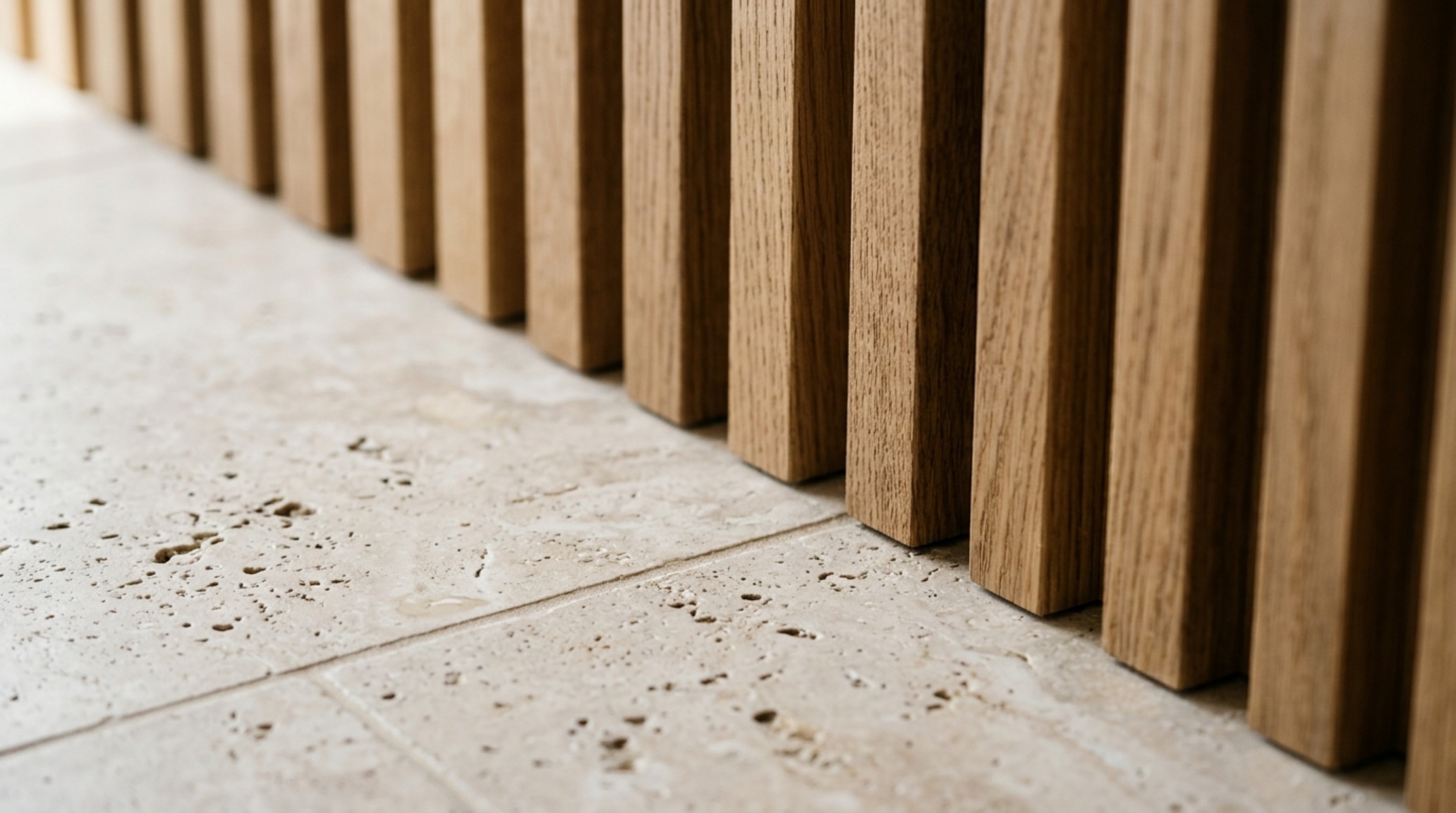 luxury modern day greek architecture textures highlighting a close-up of honed travertine flooring meeting a fluted white oak wall panel with soft shadow play. luxury modern day greek architecture textures highlighting a close-up of honed travertine flooring meeting a fluted white oak wall panel with soft shadow play.