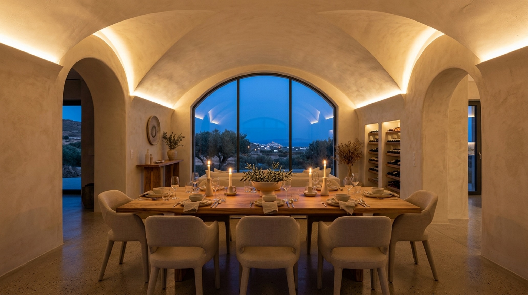 modern day greek architecture lighting guide demonstration using 2700K warm ambient lighting from hidden plaster-in LED channels to accentuate a curved ceiling vault. modern day greek architecture lighting guide demonstration using 2700K warm ambient lighting from hidden plaster-in LED channels to accentuate a curved ceiling vault.
