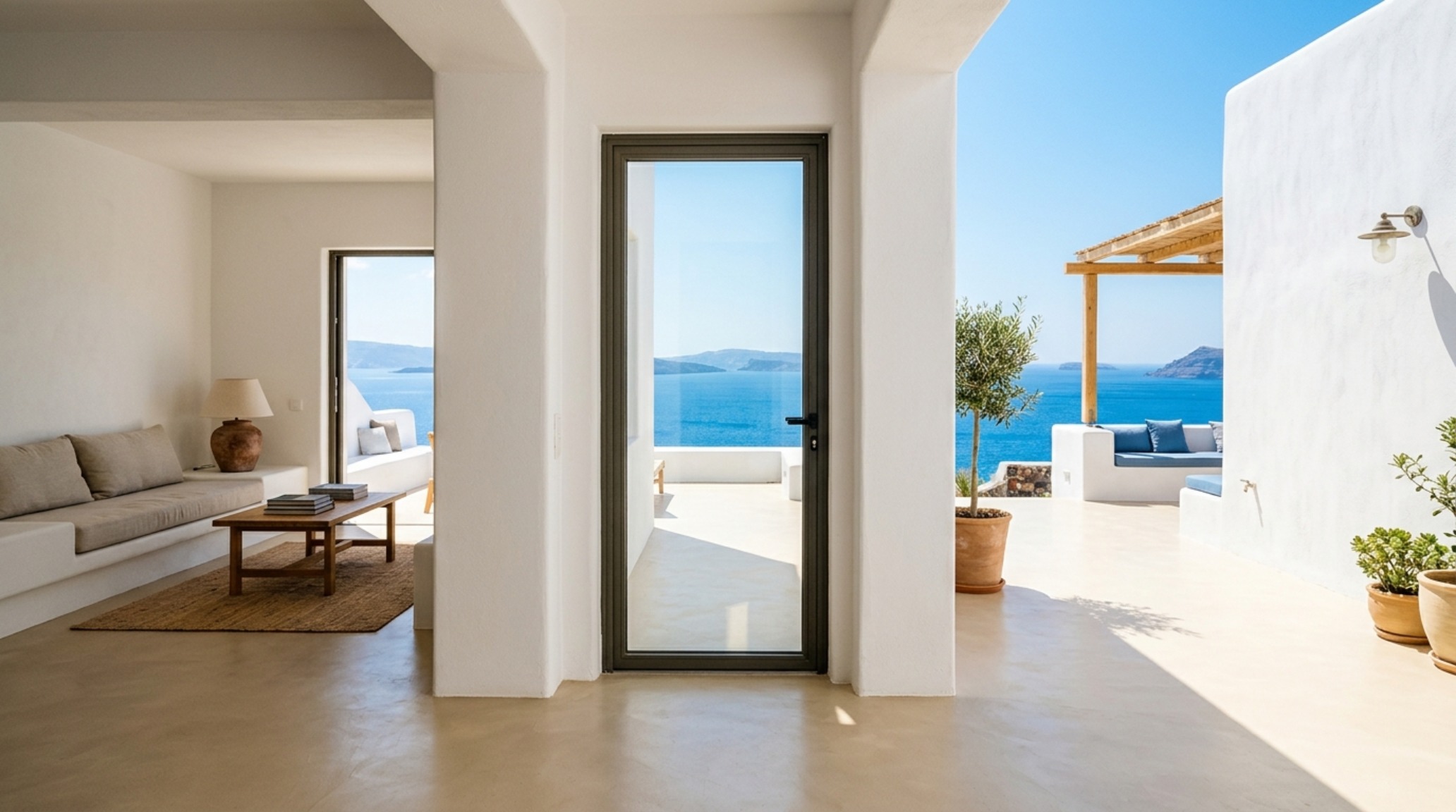 modern modern day greek architecture ideas for an outdoor-indoor transition featuring a seamless floor plane and a 36-inch wide passage to a private courtyard. modern modern day greek architecture ideas for an outdoor-indoor transition featuring a seamless floor plane and a 36-inch wide passage to a private courtyard.