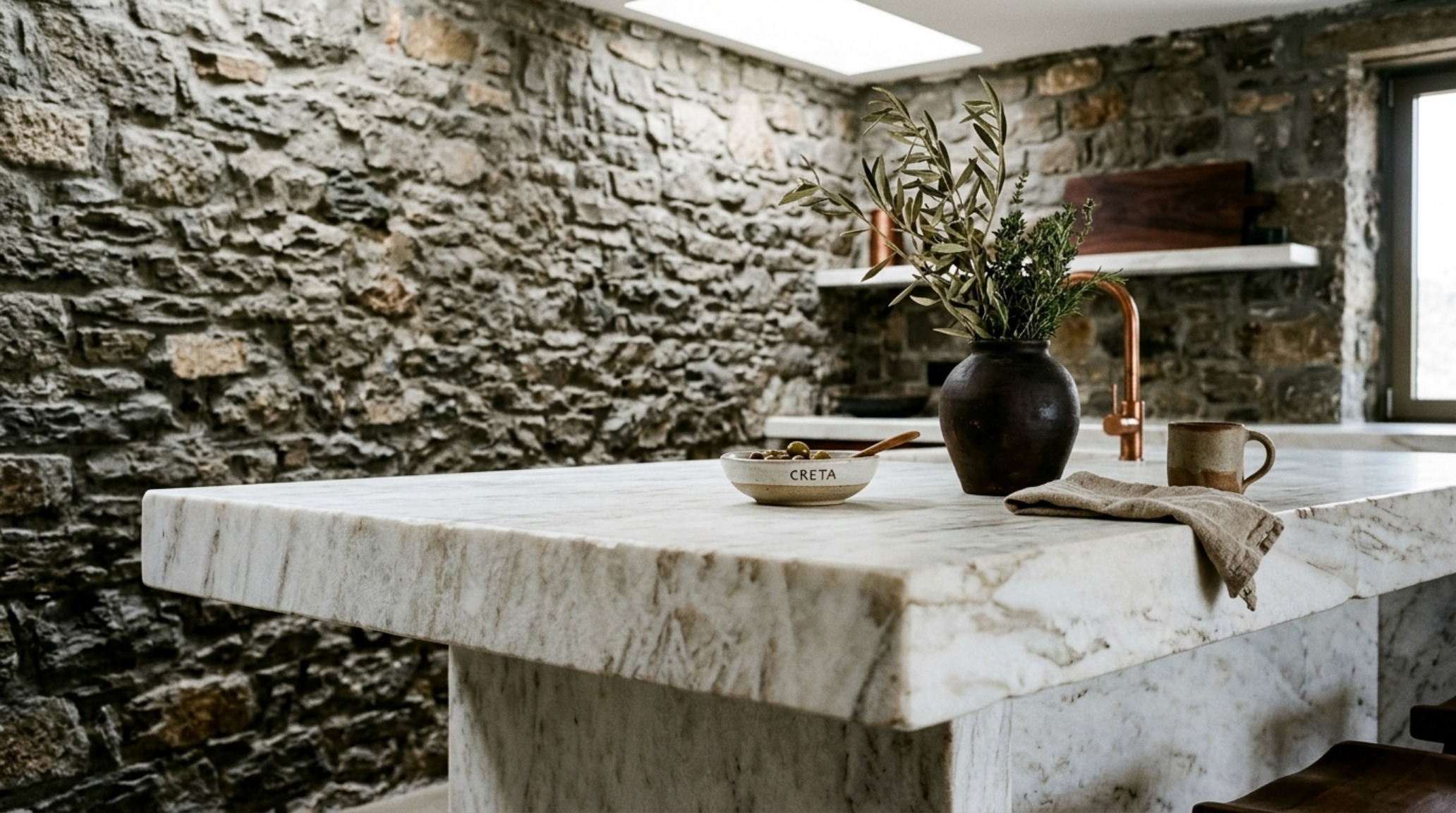 luxury modern day greek architecture textures showing the tactile contrast between a rough-hewn stone wall and a smooth Parian marble kitchen island. luxury modern day greek architecture textures showing the tactile contrast between a rough-hewn stone wall and a smooth Parian marble kitchen island.
