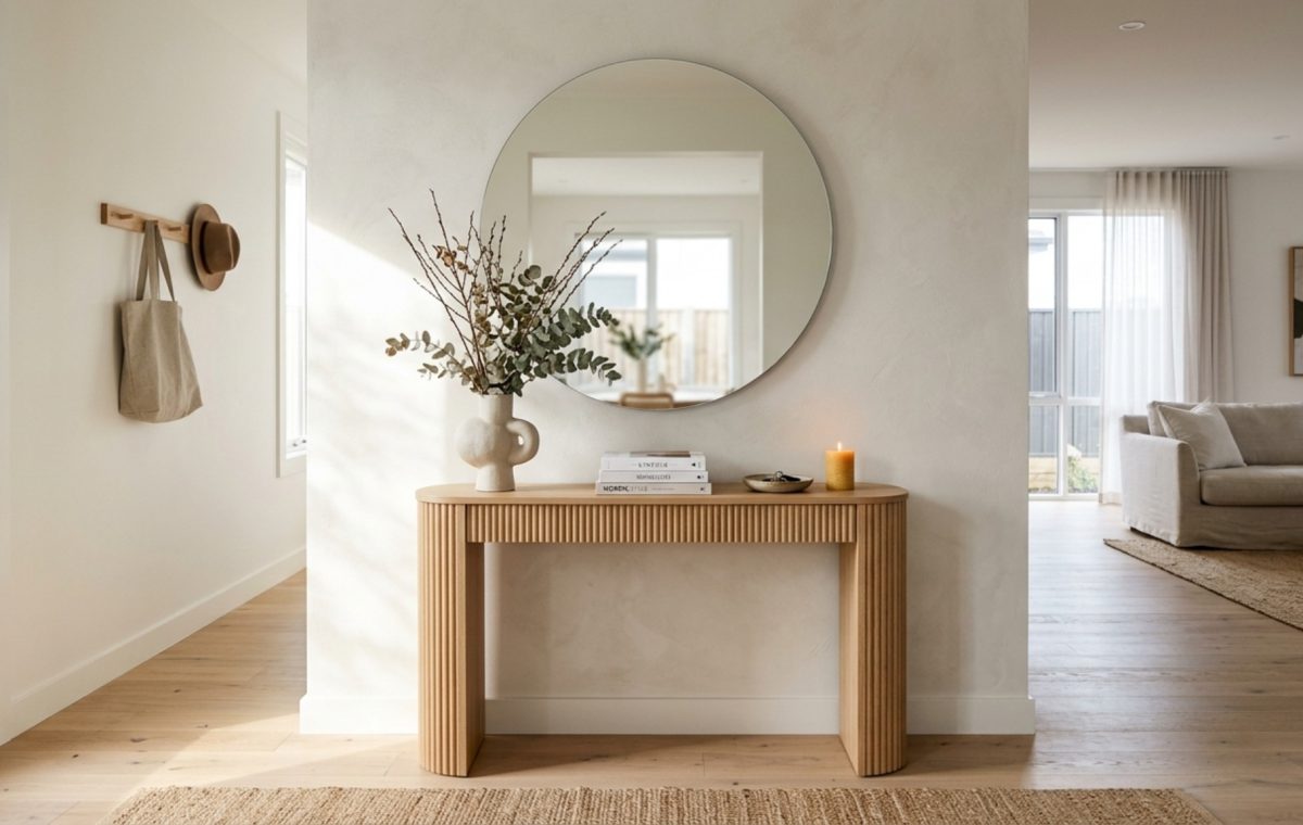 A bright entryway featuring a narrow fluted oak console and a large circular mirror, demonstrating sightline expansion in modern furniture small spaces.