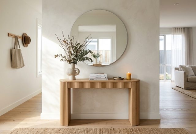 A bright entryway featuring a narrow fluted oak console and a large circular mirror, demonstrating sightline expansion in modern furniture small spaces.