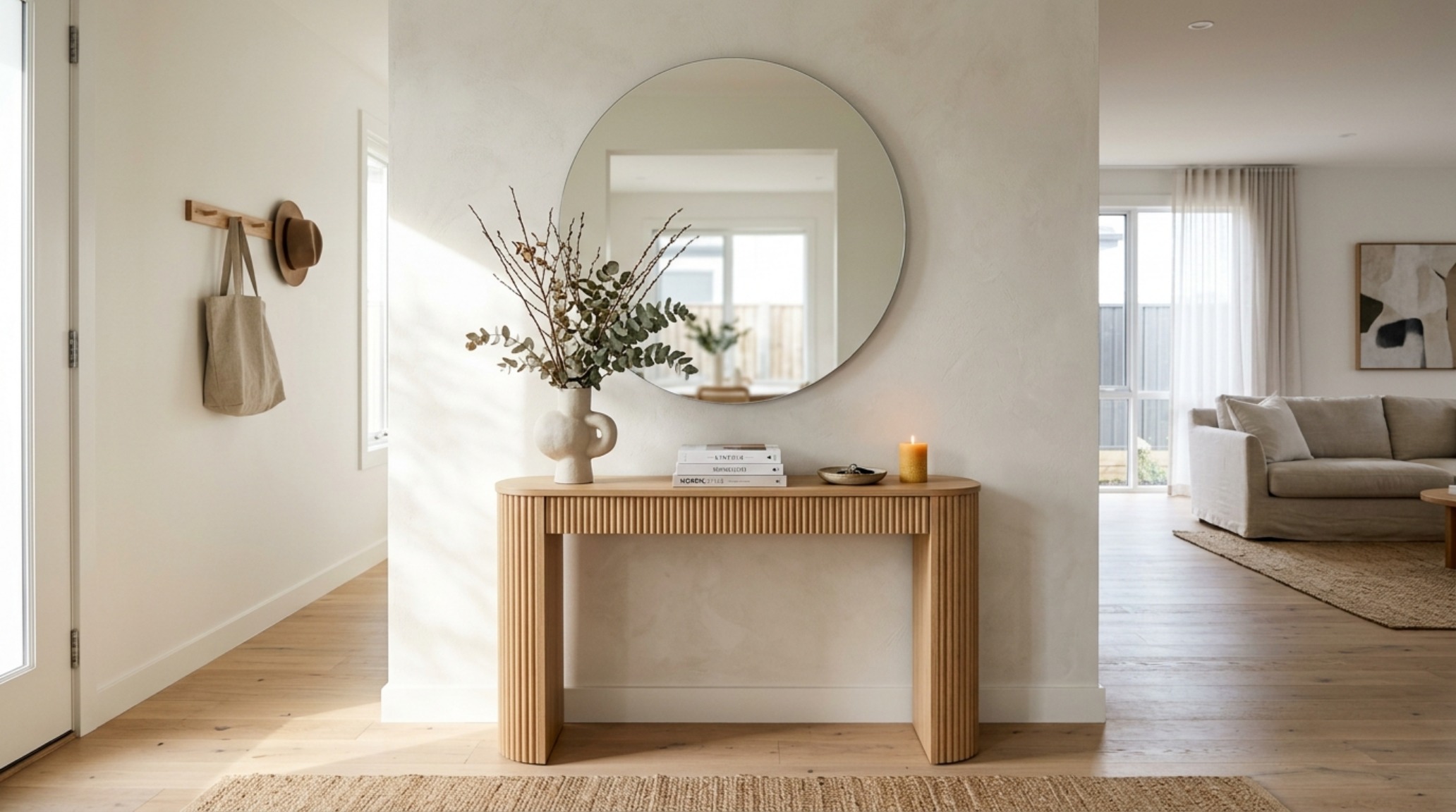 A bright entryway featuring a narrow fluted oak console and a large circular mirror, demonstrating sightline expansion in modern furniture small spaces. A bright entryway featuring a narrow fluted oak console and a large circular mirror, demonstrating sightline expansion in modern furniture small spaces.