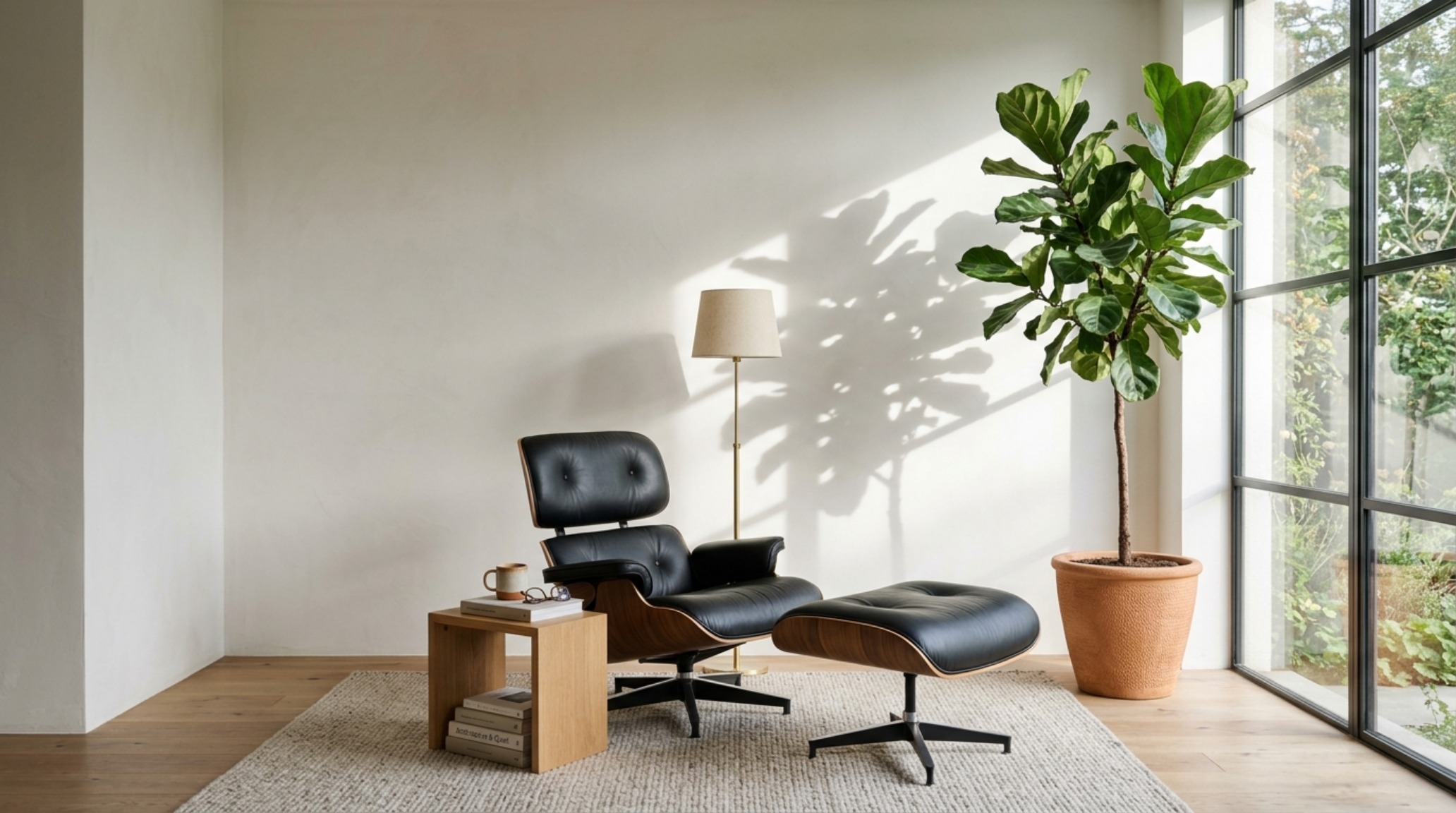 A cozy reading vignette with a single iconic lounge chair and a large floor-standing plant, showcasing the power of negative space. A cozy reading vignette with a single iconic lounge chair and a large floor-standing plant, showcasing the power of negative space.