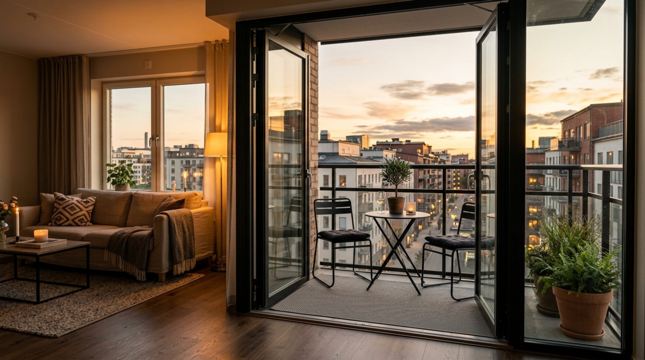 A small balcony transition featuring floor-to-ceiling glass doors and slim-profile outdoor modern furniture, expanding the interior footprint. A small balcony transition featuring floor-to-ceiling glass doors and slim-profile outdoor modern furniture, expanding the interior footprint.