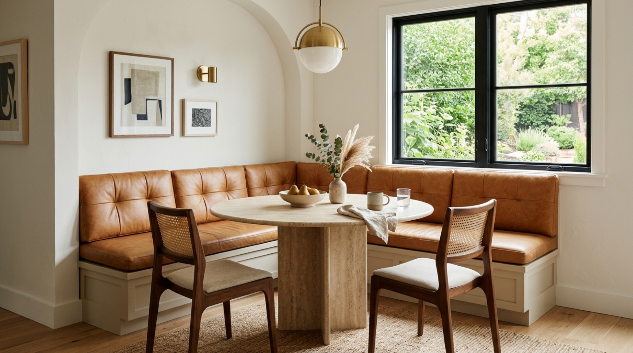 A compact dining nook with a white marble pedestal table and built-in banquette seating, emphasizing modern furniture small spaces ergonomics. A compact dining nook with a white marble pedestal table and built-in banquette seating, emphasizing modern furniture small spaces ergonomics.