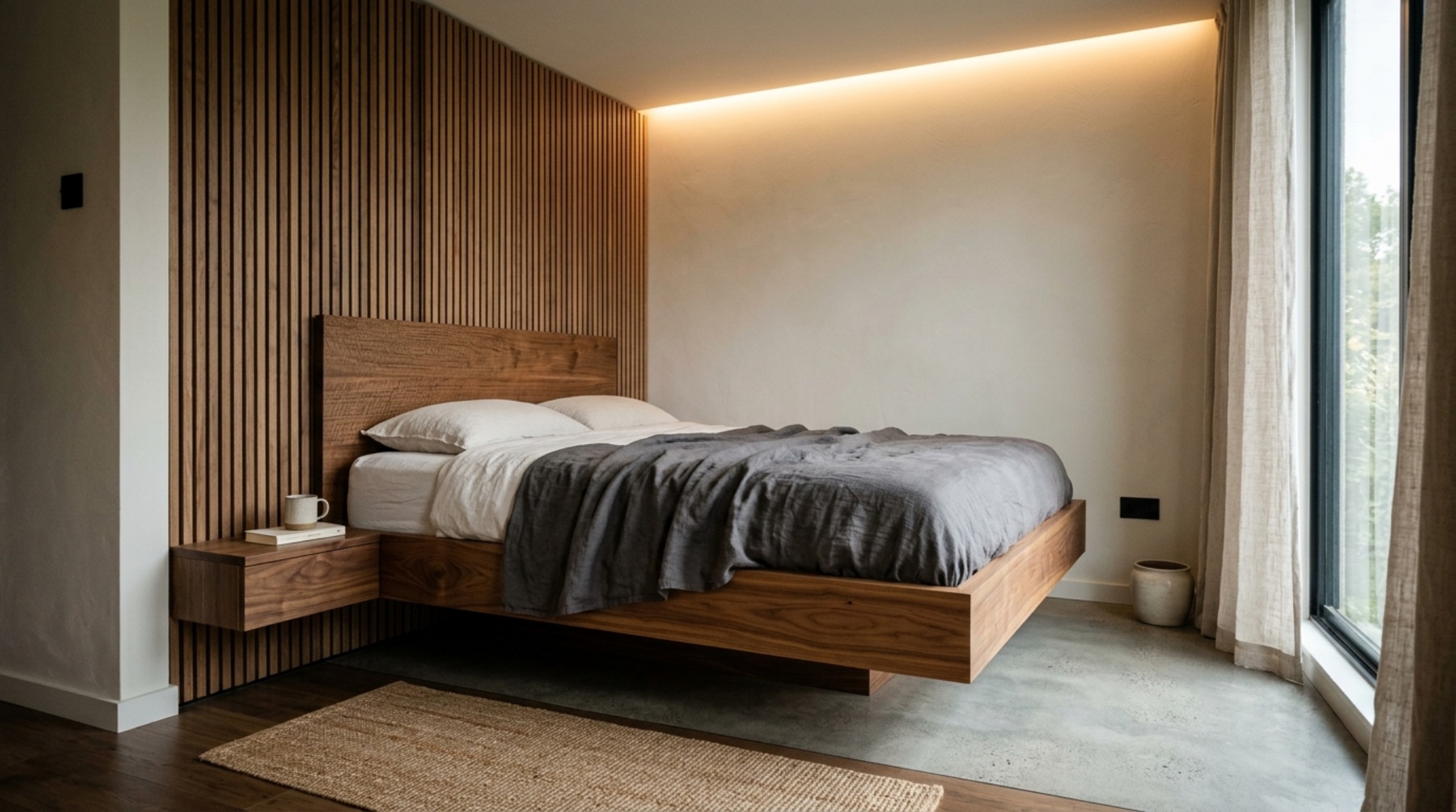 A minimalist bedroom featuring a floating walnut bed frame and integrated wall-mounted nightstands to maximize floor plane visibility. A minimalist bedroom featuring a floating walnut bed frame and integrated wall-mounted nightstands to maximize floor plane visibility.