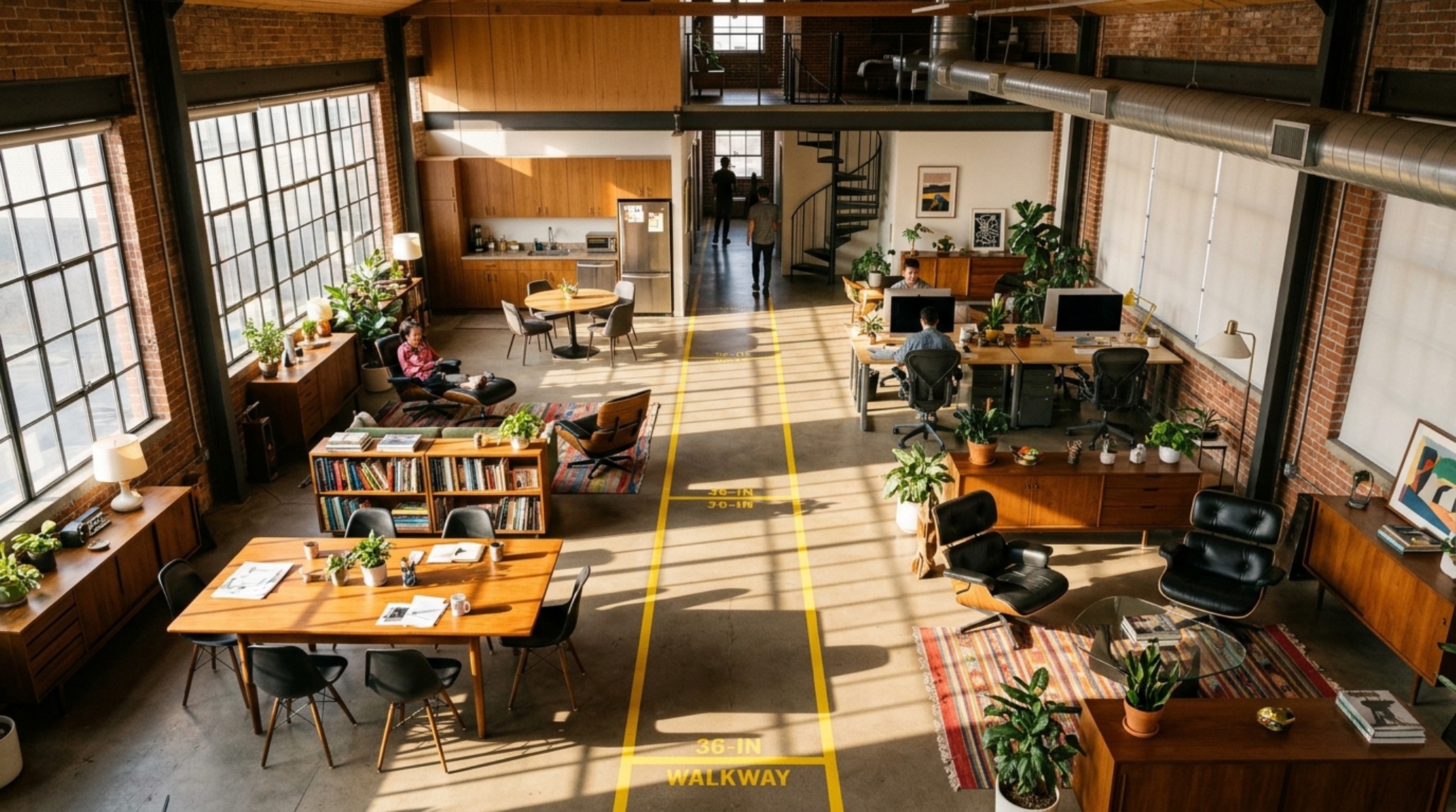 A high-angle architectural shot of a studio apartment showing the 36-inch primary circulation path and zoned living areas. A high-angle architectural shot of a studio apartment showing the 36-inch primary circulation path and zoned living areas.