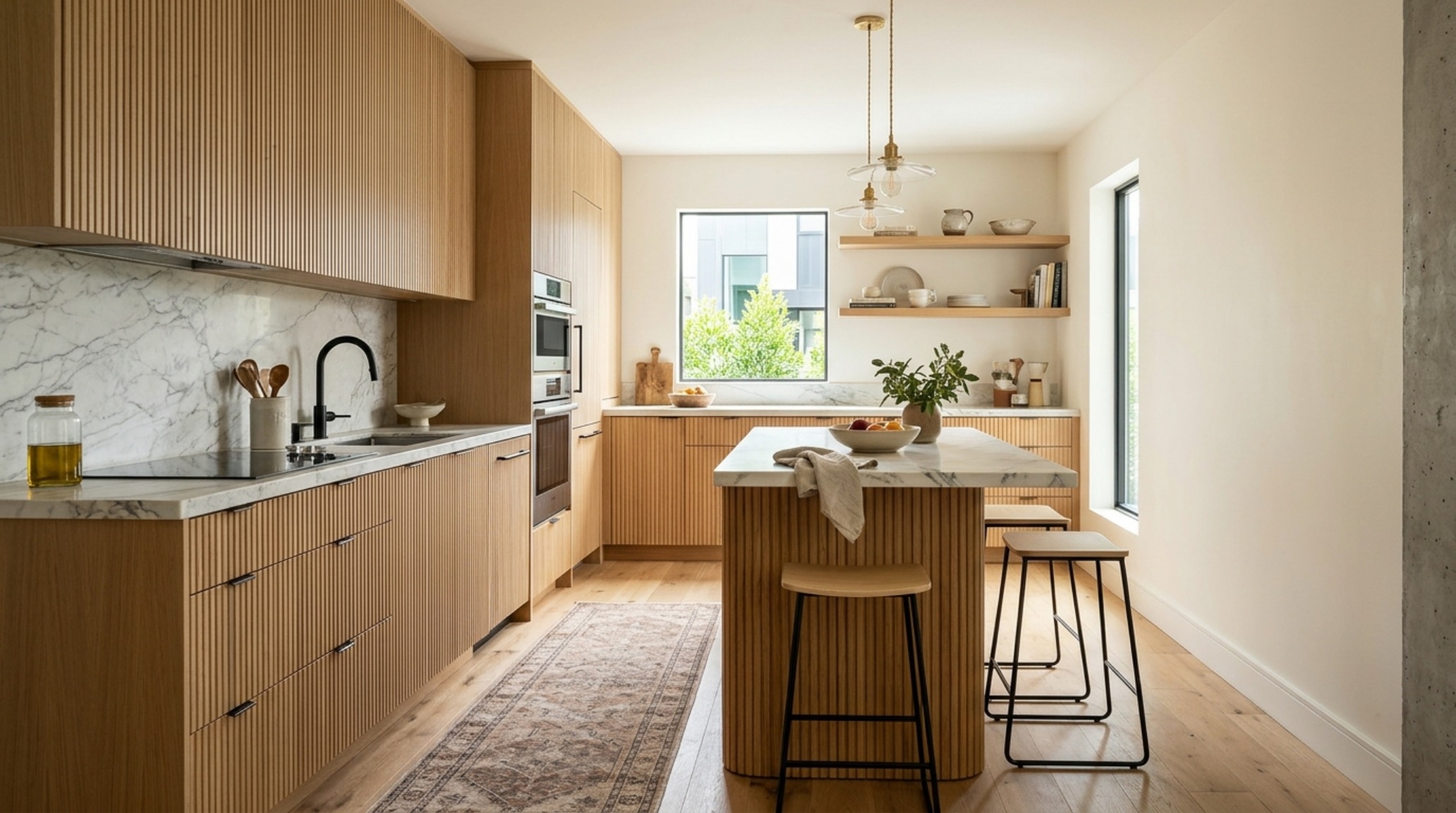 An integrated kitchen island with fluted cabinetry and brushed brass hardware, illustrating seamless storage in modern furniture small spaces architecture. An integrated kitchen island with fluted cabinetry and brushed brass hardware, illustrating seamless storage in modern furniture small spaces architecture.
