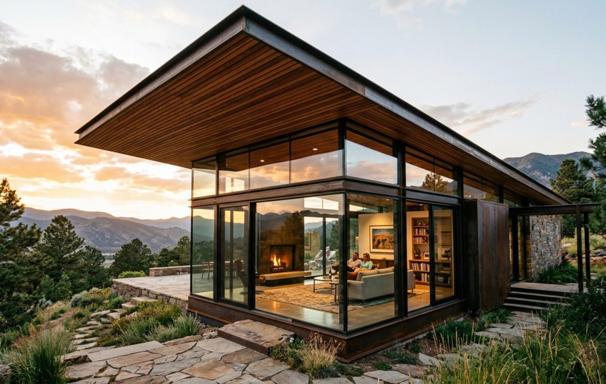 modern modern glass house plans ideas featuring a cantilevered roofline and floor-to-ceiling glazing at twilight