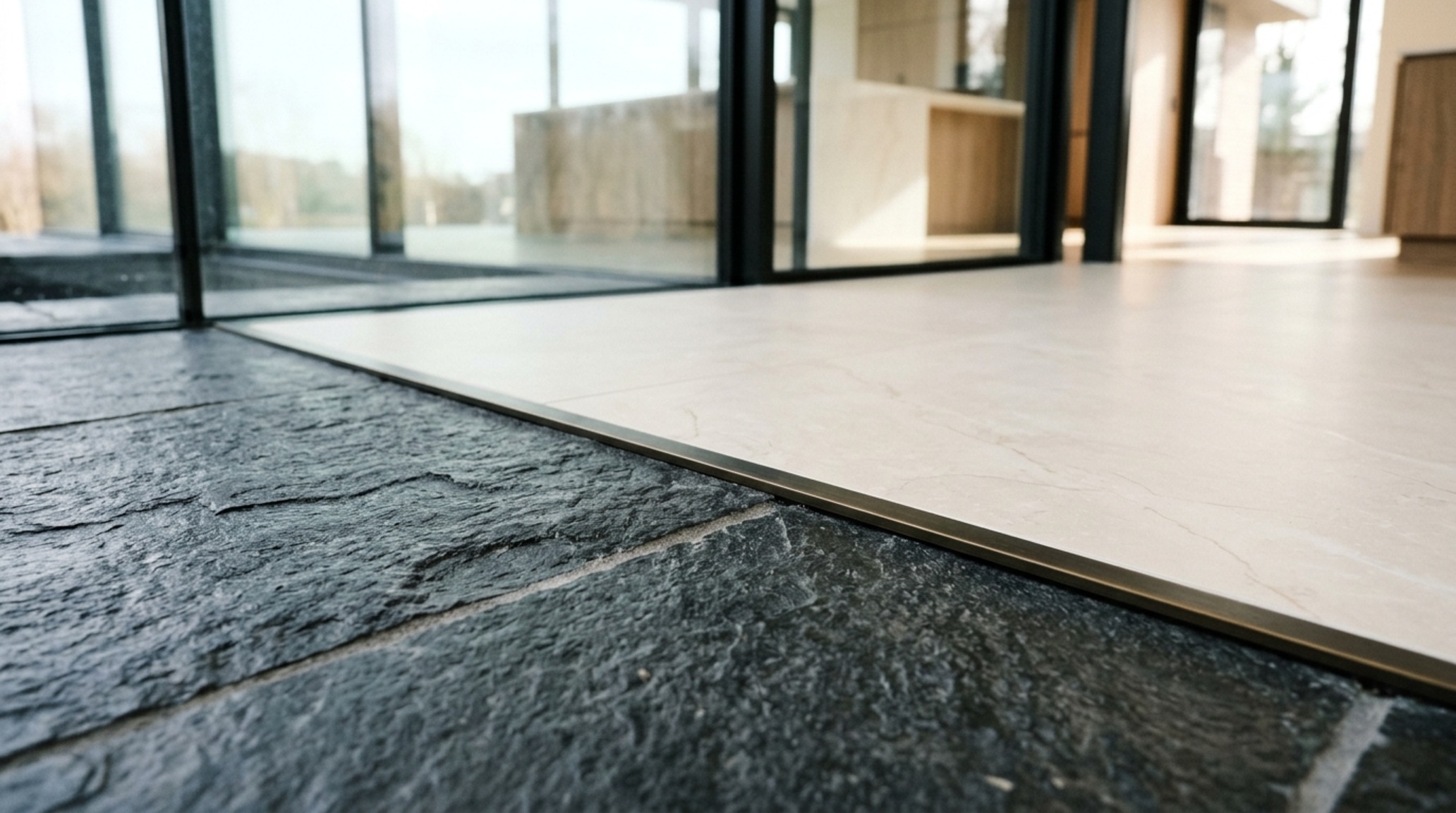luxury modern glass house plans textures showing the contrast between a Slate Charcoal exterior path and Warm Alabaster interiors
