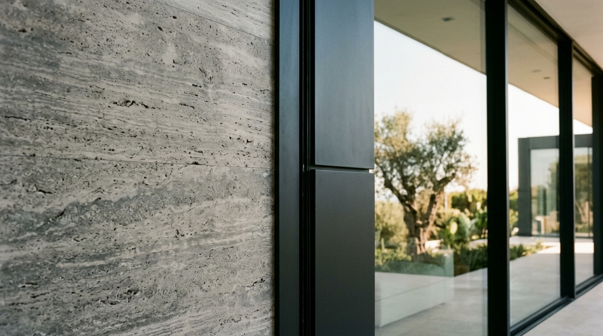 luxury modern glass house plans textures showcasing a dialogue between honed travertine walls and matte black steel frames