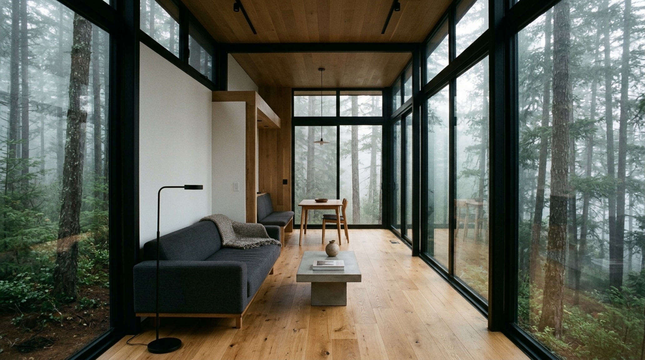 small space modern glass house plans with a 36-inch wide rift-sawn white oak hallway leading to a forest view