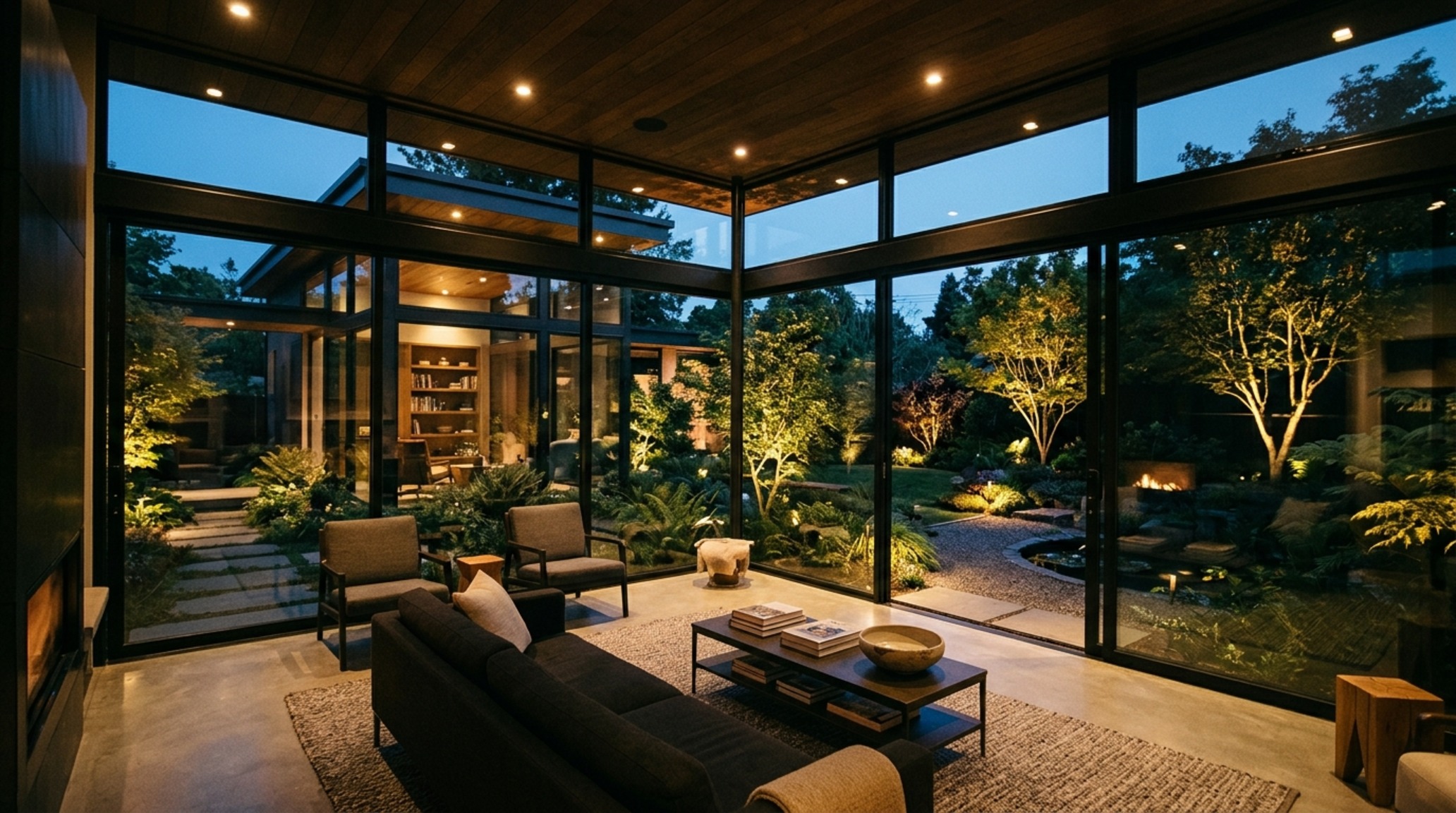 modern glass house plans lighting guide demonstrating recessed linear LEDs and 2700K warm ambient glow against a night sky