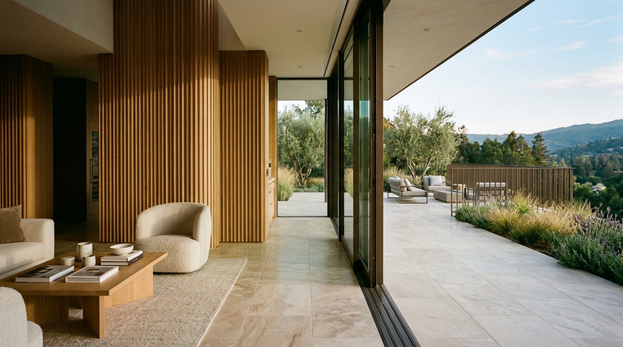 luxury modern glass house plans textures focusing on fluted oak cabinetry and a seamless porcelain tile transition to the deck