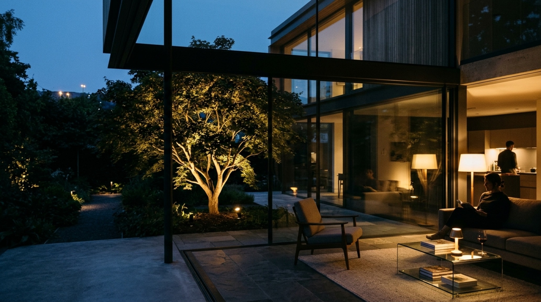 modern glass house plans lighting guide showing external uplighting on a Japanese Maple tree to prevent the black mirror effect