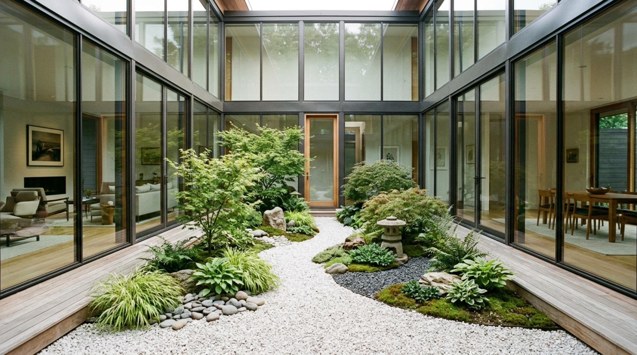 modern modern glass house plans ideas of a private internal courtyard with floor-to-ceiling glass and 30-inch dining clearances