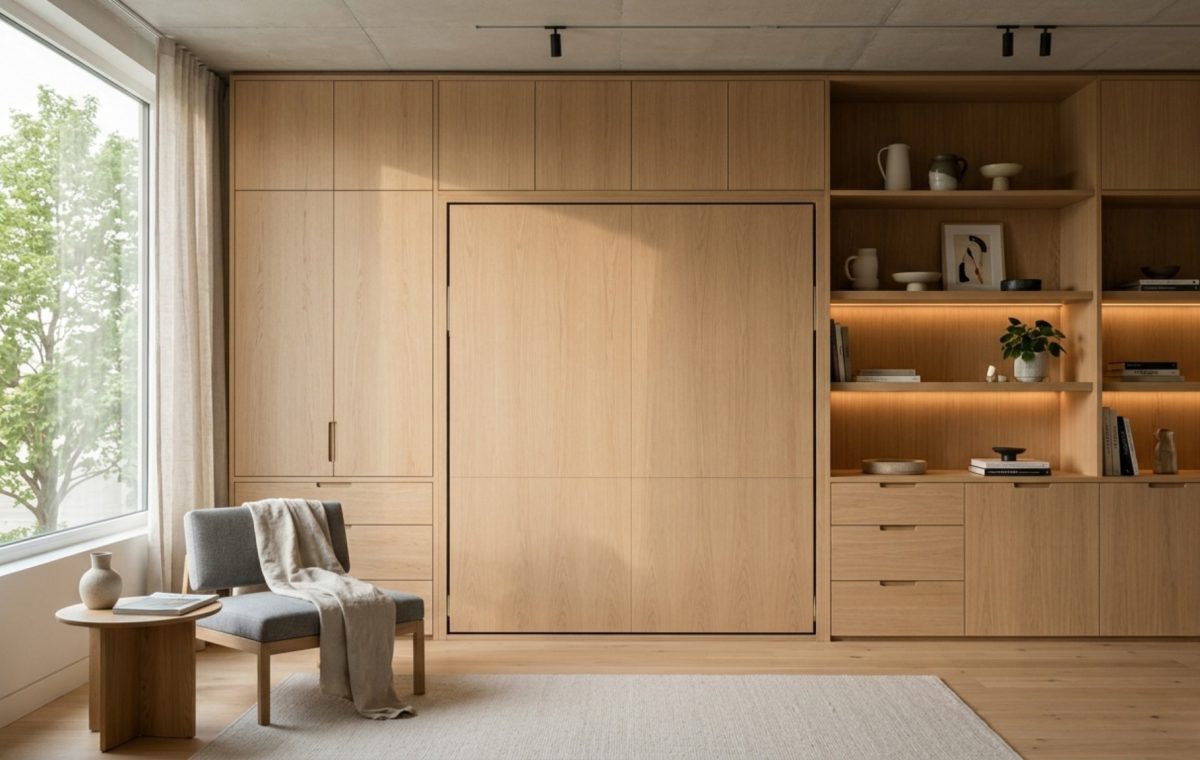 modern modern wall bed ideas featuring a floor-to-ceiling custom cabinet system in a warm alabaster finish with integrated open shelving and shadow-gap details.