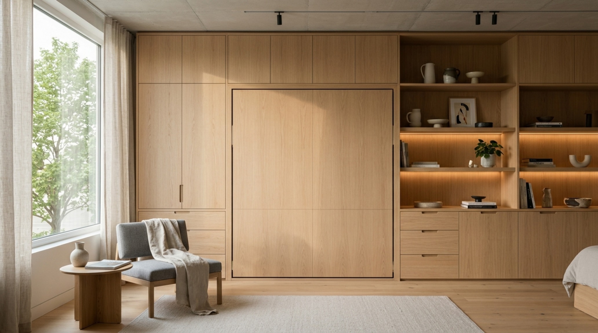 modern modern wall bed ideas featuring a floor-to-ceiling custom cabinet system in a warm alabaster finish with integrated open shelving and shadow-gap details. modern modern wall bed ideas featuring a floor-to-ceiling custom cabinet system in a warm alabaster finish with integrated open shelving and shadow-gap details.