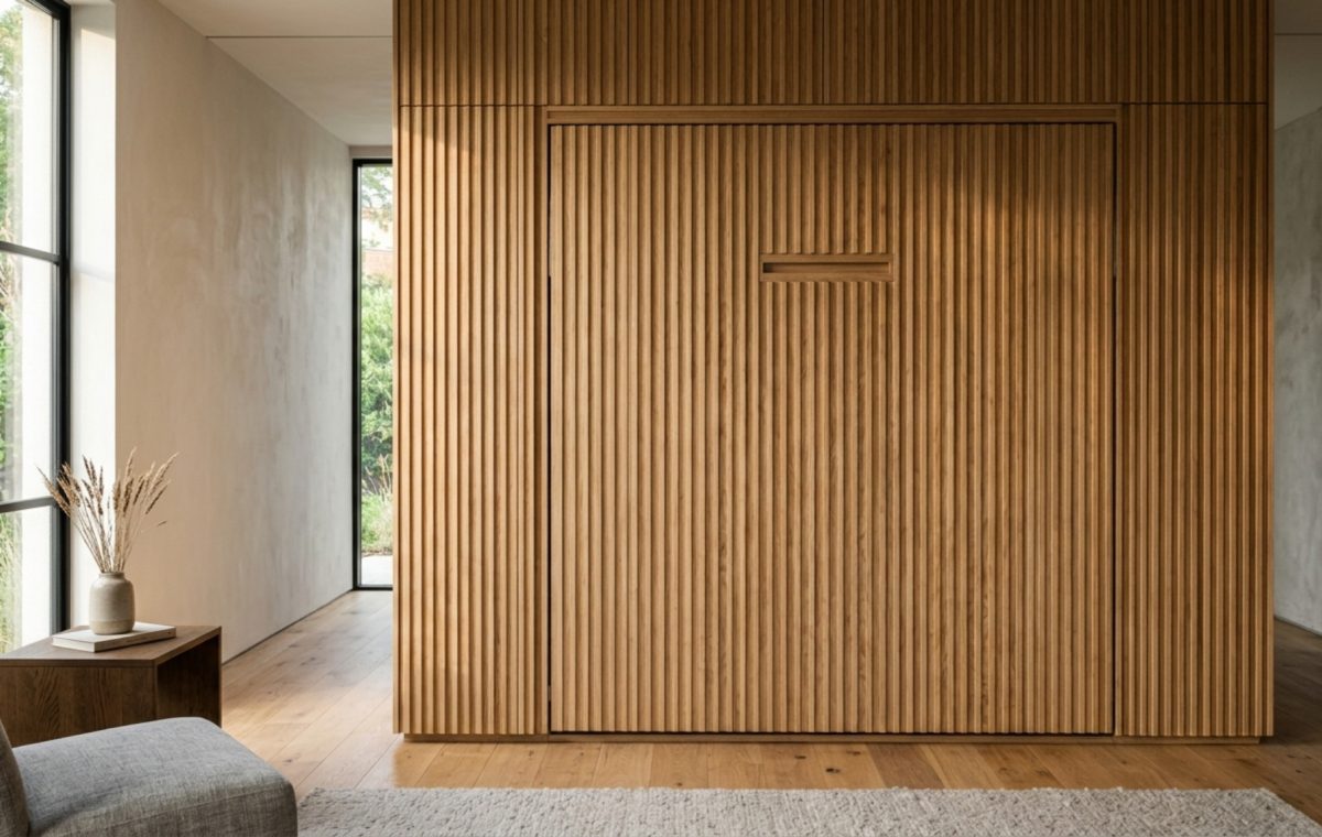 luxury modern wall bed textures featuring fluted white oak panels and integrated brass hardware in a serene bedroom setting