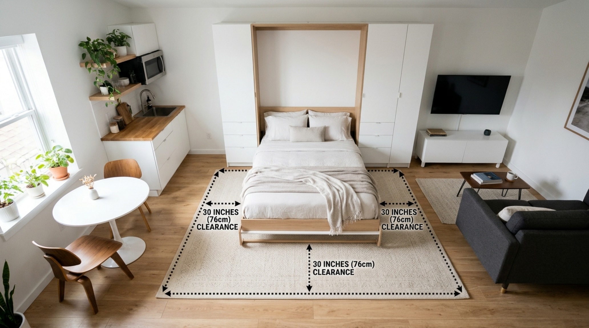 small space modern wall bed designed with Benjamin Moore Swiss Coffee cabinetry to maximize visual expansiveness