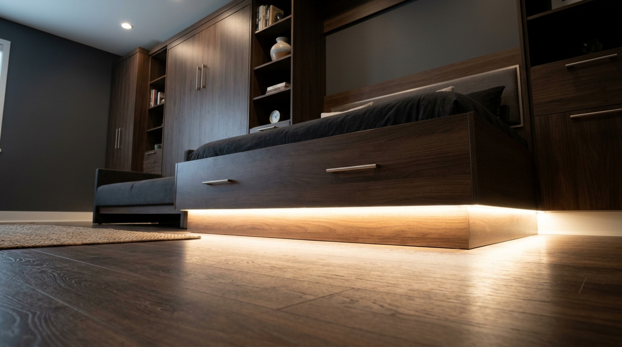 modern wall bed lighting guide illustrating toe-kick LED strips for a floating architectural effect