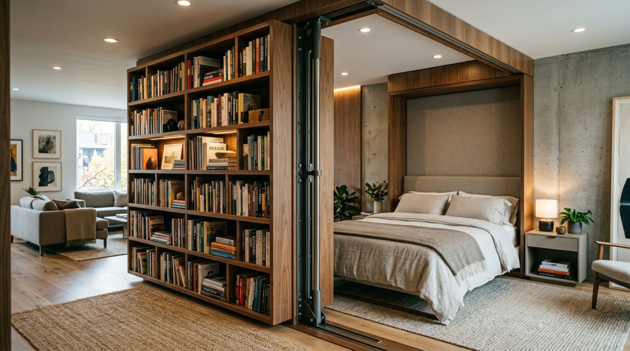 modern modern wall bed ideas featuring a bi-fold art panel system that transforms a library into a sleeping sanctuary