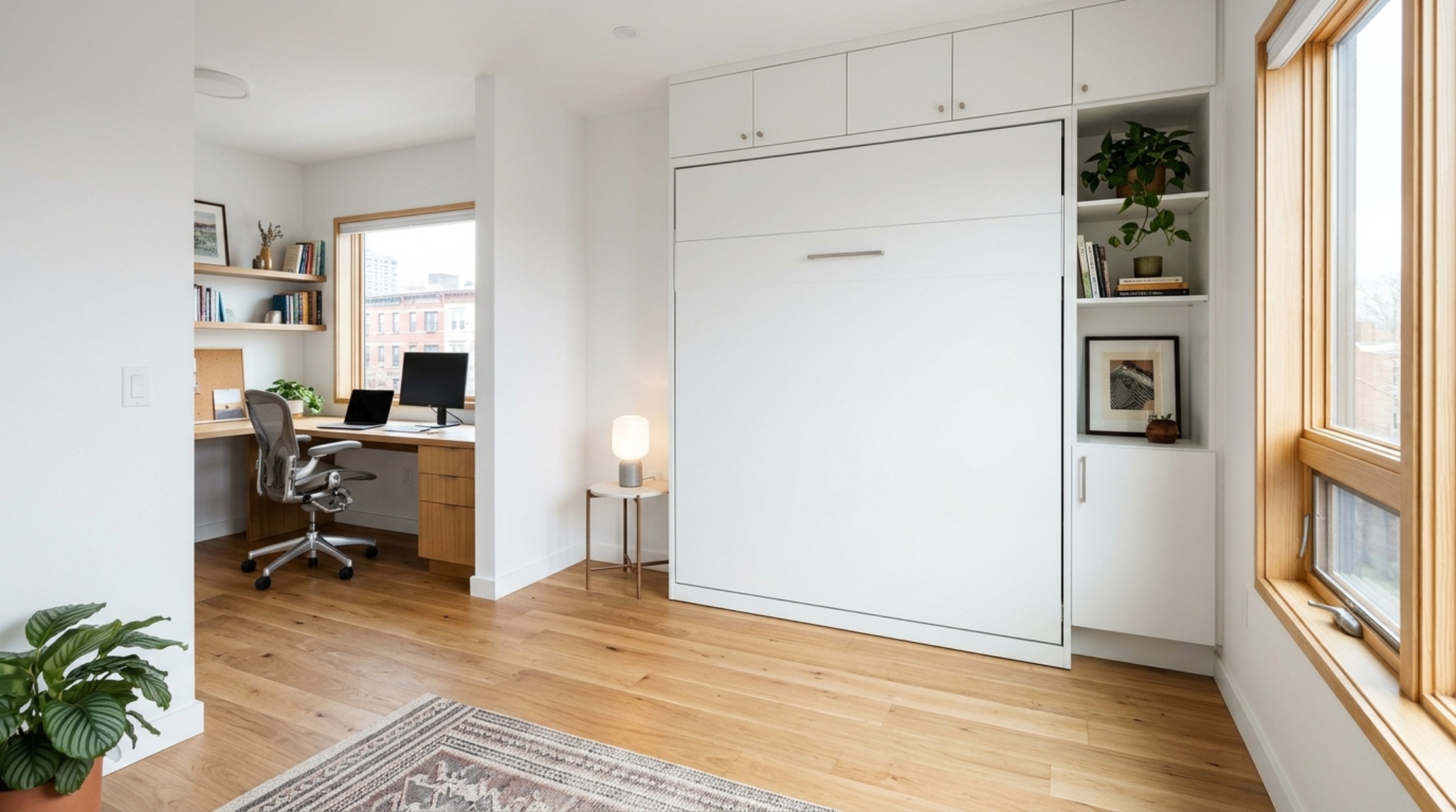 small space modern wall bed integrated into a minimalist home office with a 36-inch clear walkway and natural light